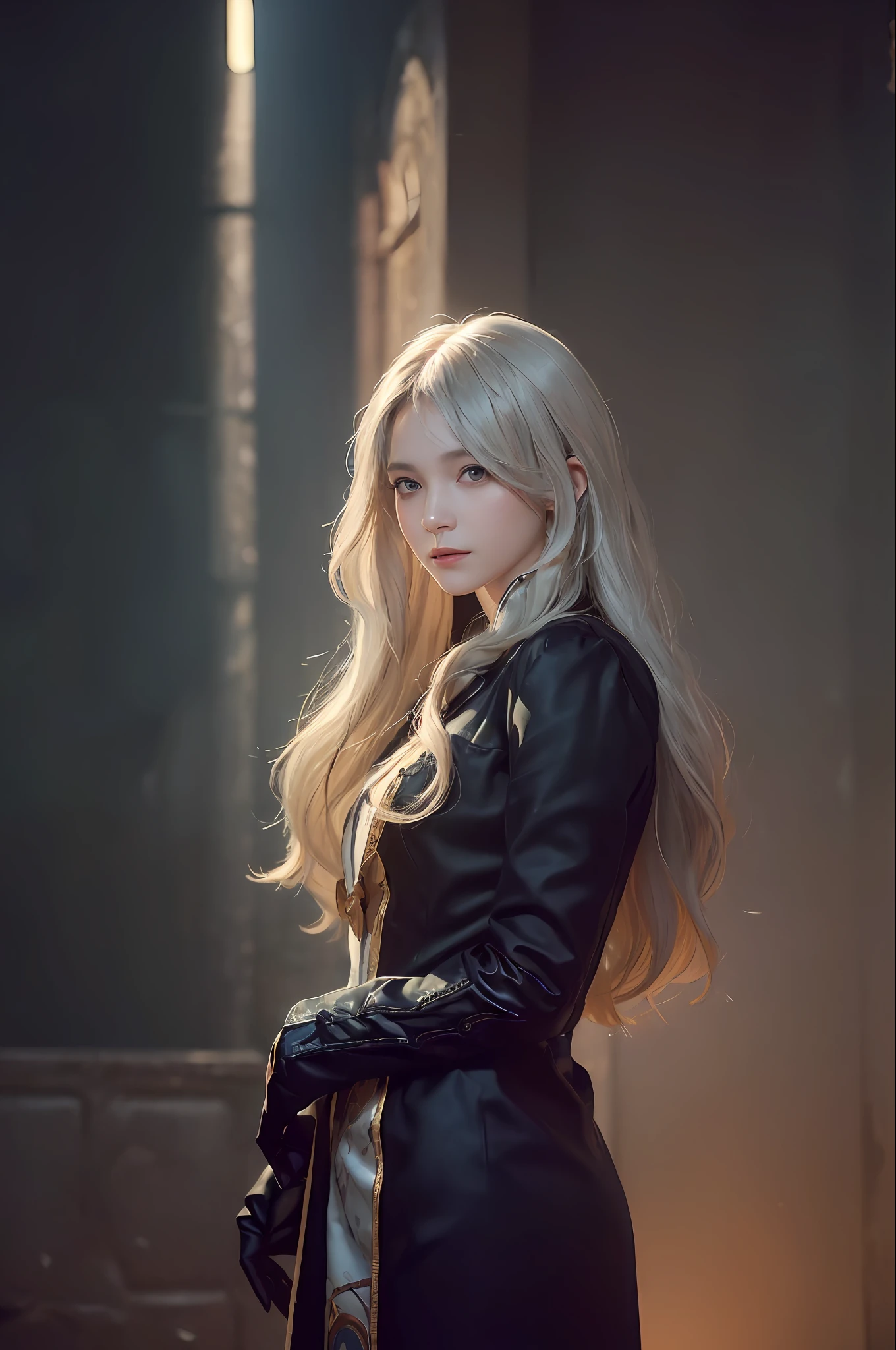 (in the dark:1.6), Hyperrealist portrait of female by david hockney and alphonse mucha,fantasy art, photo realistic, dynamic lighting, artstation, poster, volumetric lighting, very detailed faces, 4 k, award winning,, 1girl, in the dark, deep shadow, low key,cowboy shot,(official clothing:1.4) ,long hair,white hair,
