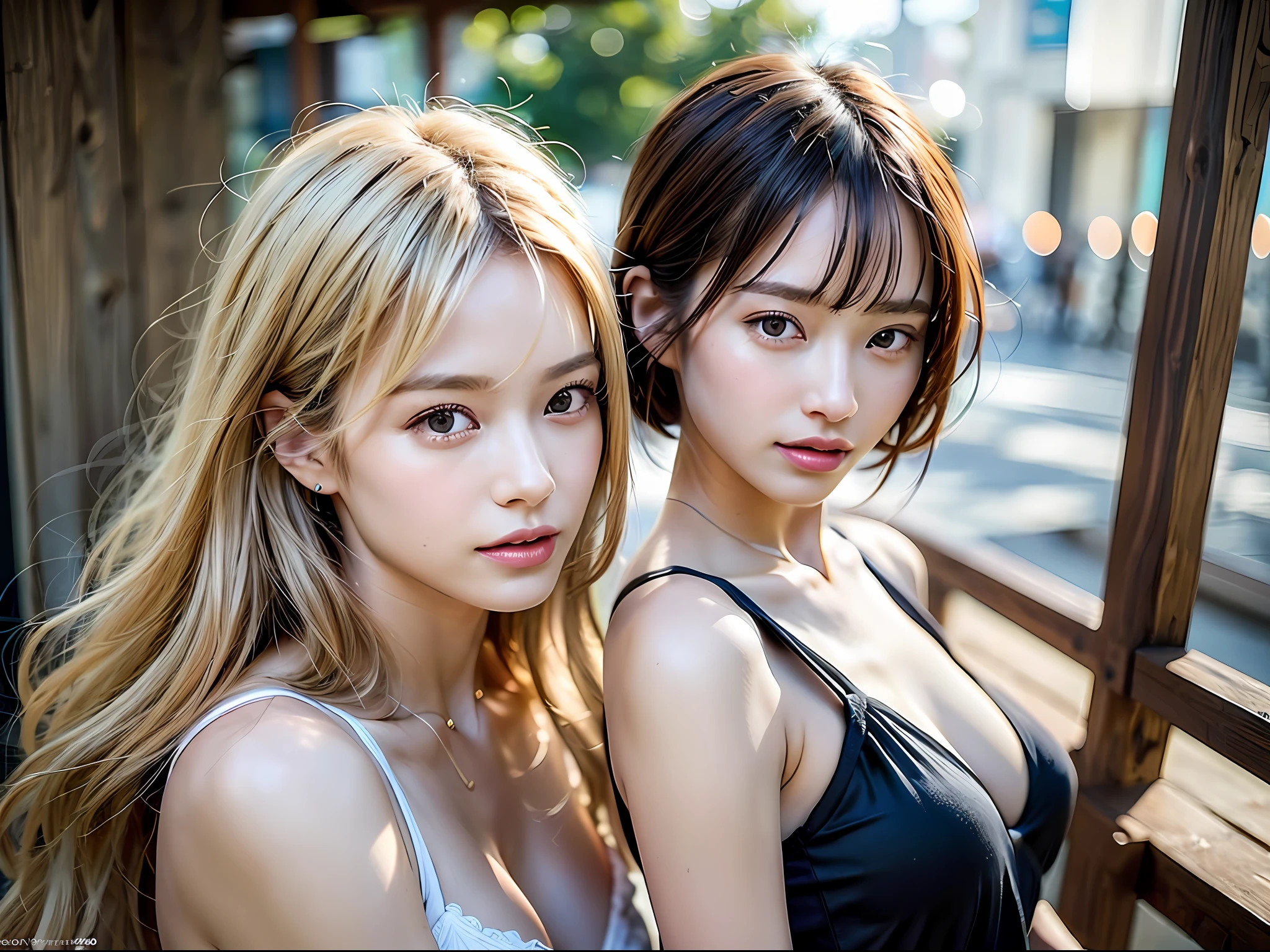 (8k, Best Quality, Masterpiece:1.2),(hair_style) ,(Realistic, Photorealistic:1.37), Best Quality, Masterpiece, Shot on a wooden deck with a view of the sky and sea in the summer sun, [Small breasts], Two models with a similar atmosphere, two people arranged in a well-balanced manner, high balance, backlight, camera angle from below, Hands over the ears, Shot in natural light from morning to noon, Hairstyle and fashion style according to the trend of Japan in 2023, realistic, lifelike, super detailed, beautiful face, 30s, actress, Japan and half Russian model, elaborate CG, slender, cute, adult, hairstyle is two long models and bob models according to the Japan fashion of 2023, hair fluttering in the wind, delicate skin type, The fine details and softness of the hair, the model's hair color is slightly bright and soft, the glossy makeup, fashion style is a cheerful impression with a bright color surf fashion without exposure that matches the summer trend of 2023