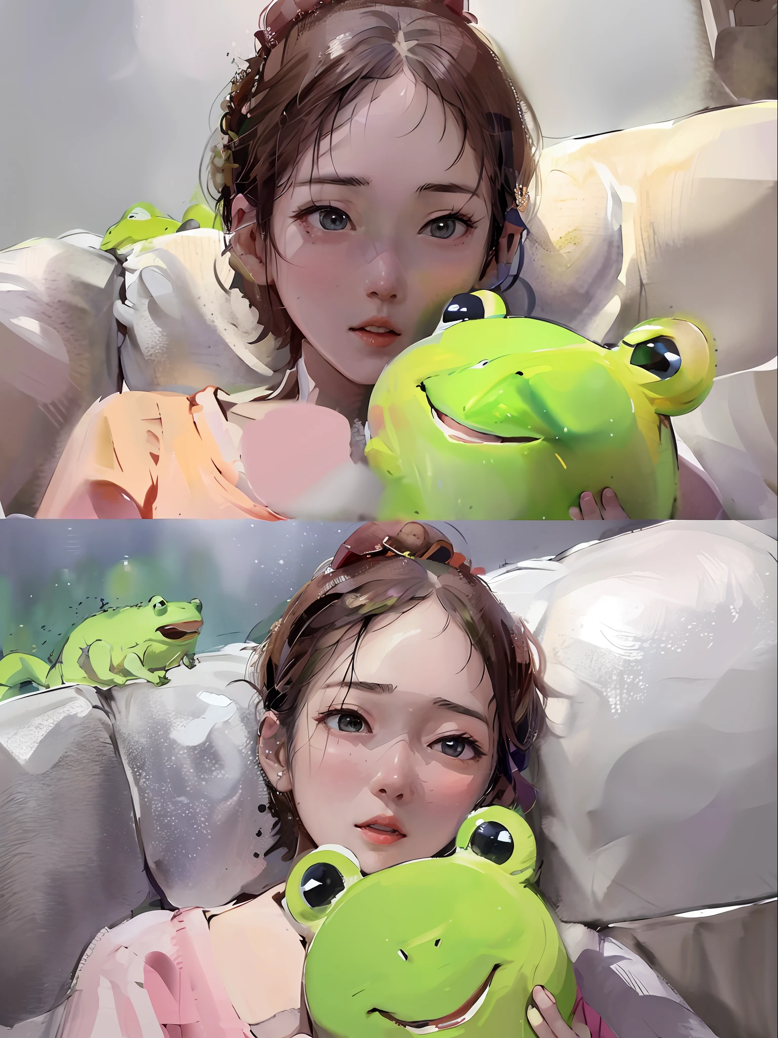 there is a woman holding a frog pillow on a couch, dilraba dilmurat, she has a cute face, ruan cute vtuber, ruan jia beautiful!, with a cute toad, she has a cute expressive face, 480p, 4 8 0 p, xintong chen, wenfei ye, trending at cgstation