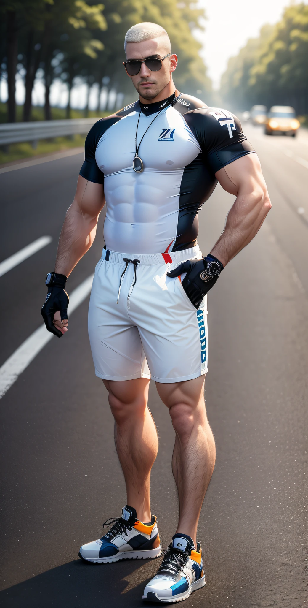 Man in off-white clothes standing in the middle of the sunny highway, American round inch head, Buzz cut, national character face, tall and burly, muscular male hero, heroic male pose, muscular! Wearing sunglasses, skins brand skinny jersey, super gain and cool, high resolution commission, character design cycling enthusiast, sneakers, attractive strong male, sun shines through the woods