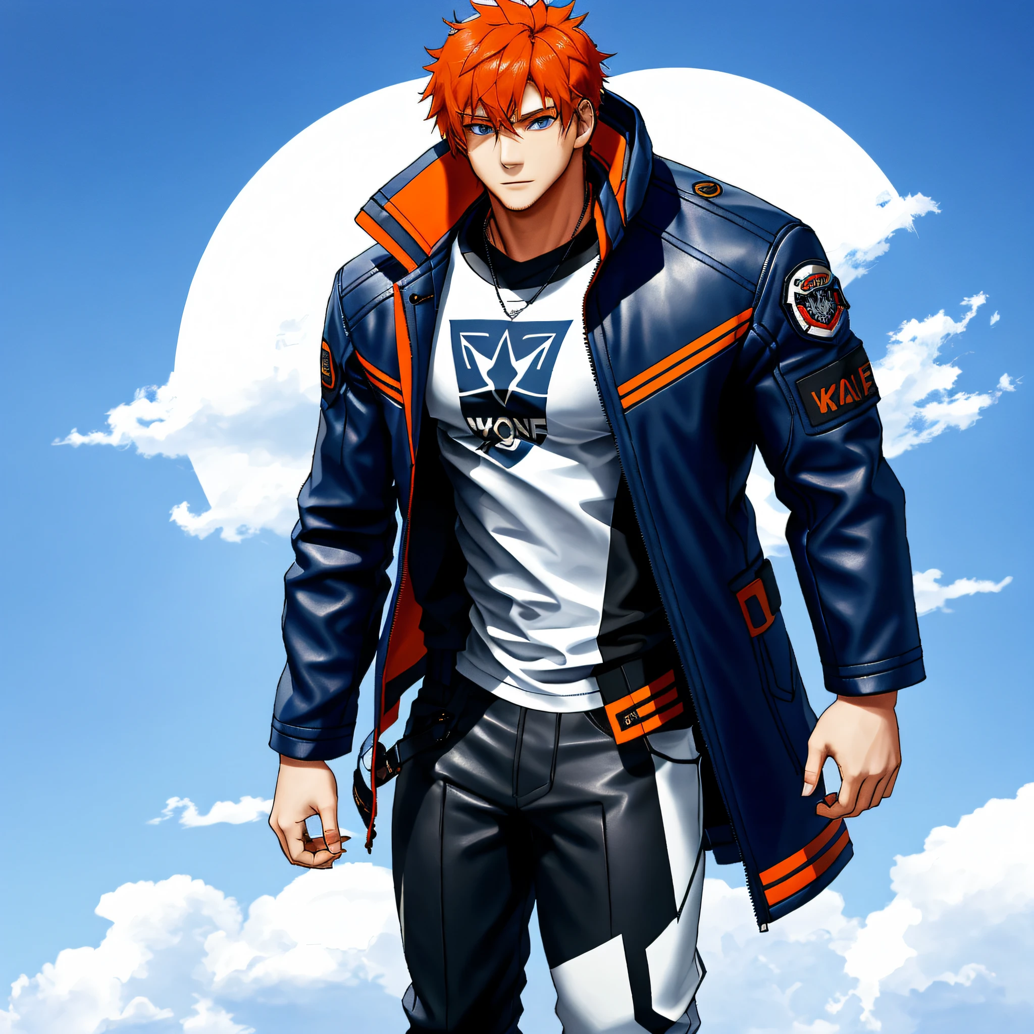rinotuna, original, 1boy, wolf, blue eyes, black jacket, chibi, day, highres, jacket, titan jaw, leather, leather jacket, looking at the viewer, luguoadeli \(weibo5263688910\), male focus, maple12031, marcel galliard, multicolored hair, orange hair, sample watermark, shirt, sky, solo focus, comment only symbol, two-tone hair, upper body, black wolf, white shirt