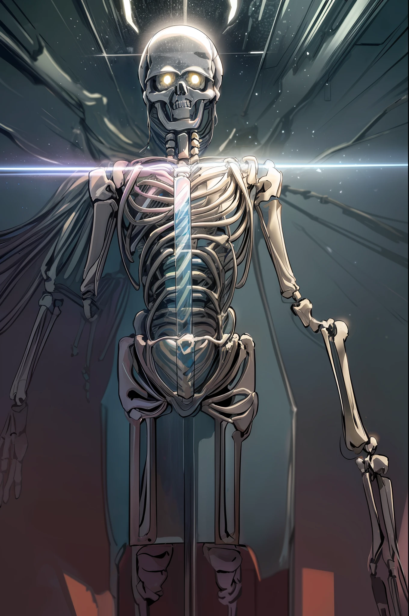 (non-human:1.3), (only skeleton:1.4), (Silver skeleton in transparent crystal case), (stands), ((symmetrical)), (detailed nervous system), neon color, bioluminescent color, vivid colors, perfect composition, hyper-realistic, ultra-detailed, high quality, RAW, RTX, SFX, UHD, UDR, 32K