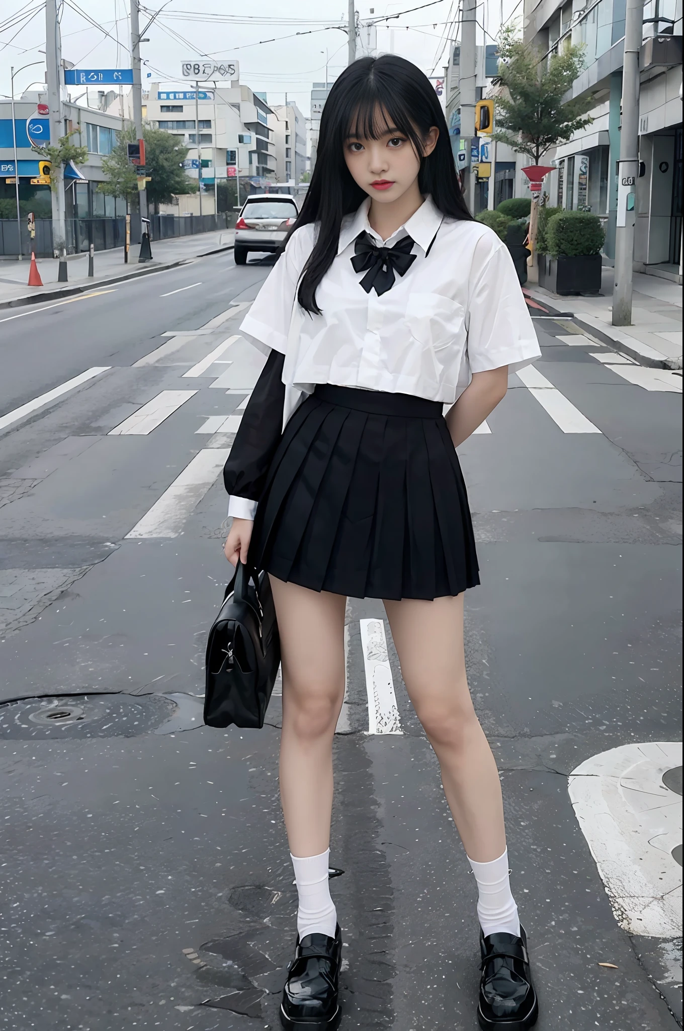 Long black hair, white skin, Chinese, young, thick eyebrows, black eyes, natural expression, transparent white JK uniform, black JK short skirt, pleated skirt, rainy street, slim legs, white socks, white shoes, full body, realistic, 8k, masterpiece, high resolution, high resolution, anatomically correct, high resolution