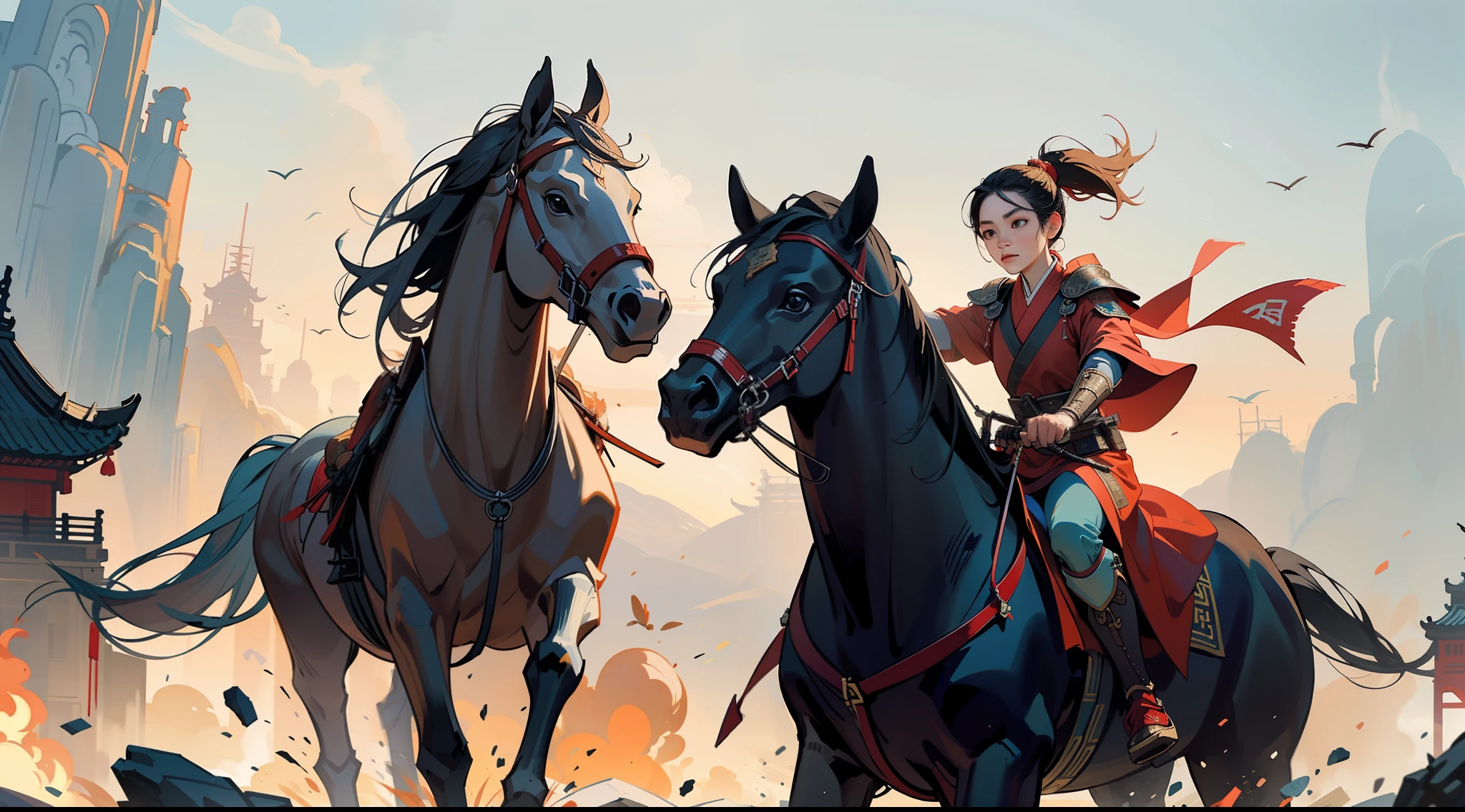 chinoiserie,The background is the ancient Chinese battlefield,A female general rides a war horse、A full body,Clear facial features、grim expression,Facing the audience,Amazing facial features,Red robes,ARMOUR,Yellow sand flying,Fleeing crowds,firelight,Game model,C4D, OCrenderer, edge light,The light is delicate,masterpieces,hyperdetailed,epic composition,Super HD,Quality,Max Quality,32k