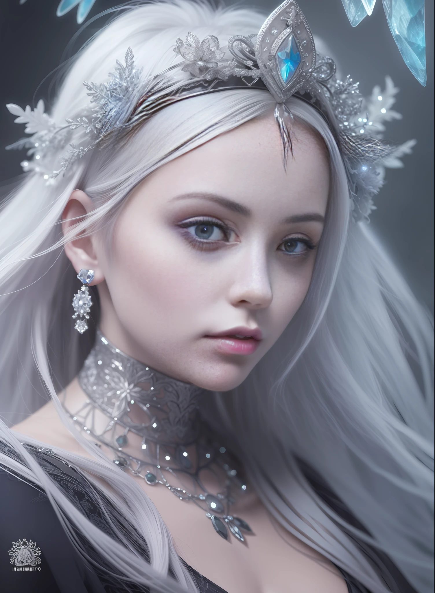 Woman with platinum hair, in a dress of ice flowers, a beautiful crown on her head, detailed face, detailed skin, front, background frozen forest, cover, unzoom, choker, hyperdetailed painting, luminism, Bar lighting, complex, 4k resolution concept art portrait by Greg Rutkowski, Artgerm, WLOP, Alphonse Mucha, little fusion pojatti realistic goth, fractal isometrics details bioluminescens : a stunning realistic photograph 30 years