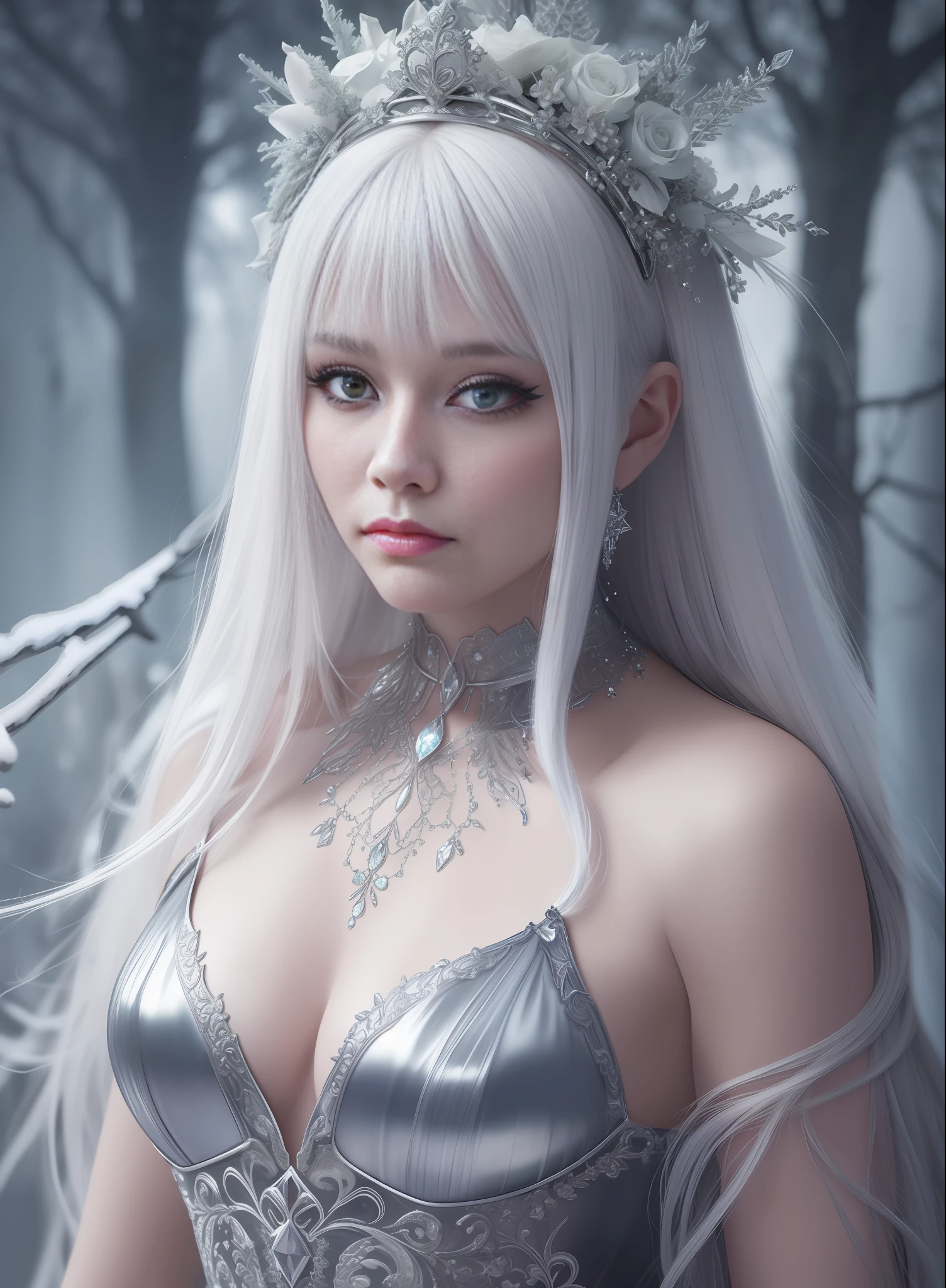 Woman with platinum hair, in a dress of ice flowers, a beautiful crown on her head, detailed face, detailed skin, front, background frozen forest, cover, unzoom, choker, hyperdetailed painting, luminism, Bar lighting, complex, 4k resolution concept art portrait by Greg Rutkowski, Artgerm, WLOP, Alphonse Mucha, little fusion pojatti realistic goth, fractal isometrics details bioluminescens : a stunning realistic photograph 30 years