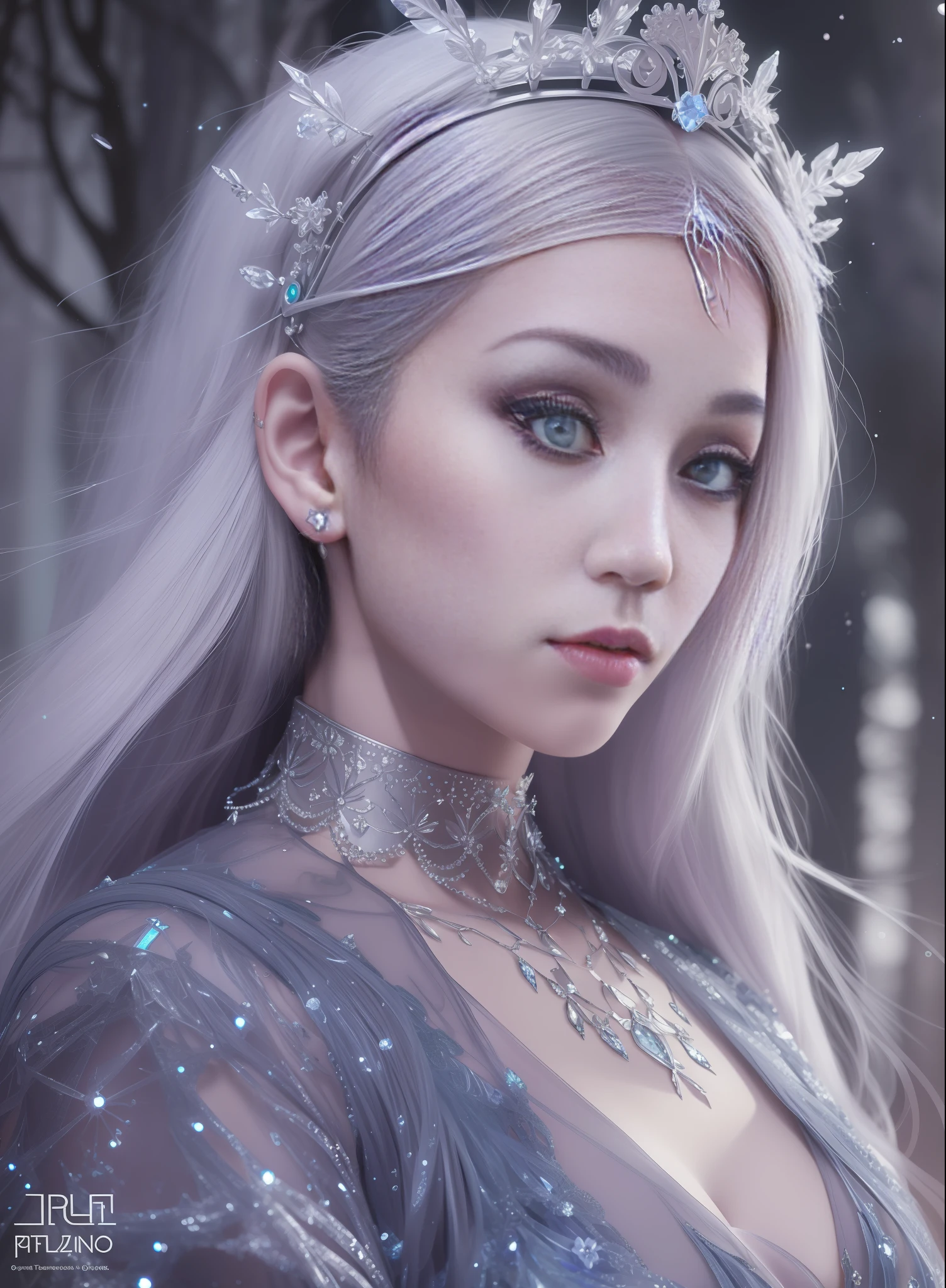 Woman with platinum hair, in a dress of ice flowers, a beautiful crown on her head, detailed face, detailed skin, front, background frozen forest, cover, unzoom, choker, hyperdetailed painting, luminism, Bar lighting, complex, 4k resolution concept art portrait by Greg Rutkowski, Artgerm, WLOP, Alphonse Mucha, little fusion pojatti realistic goth, fractal isometrics details bioluminescens : a stunning realistic photograph 30 years