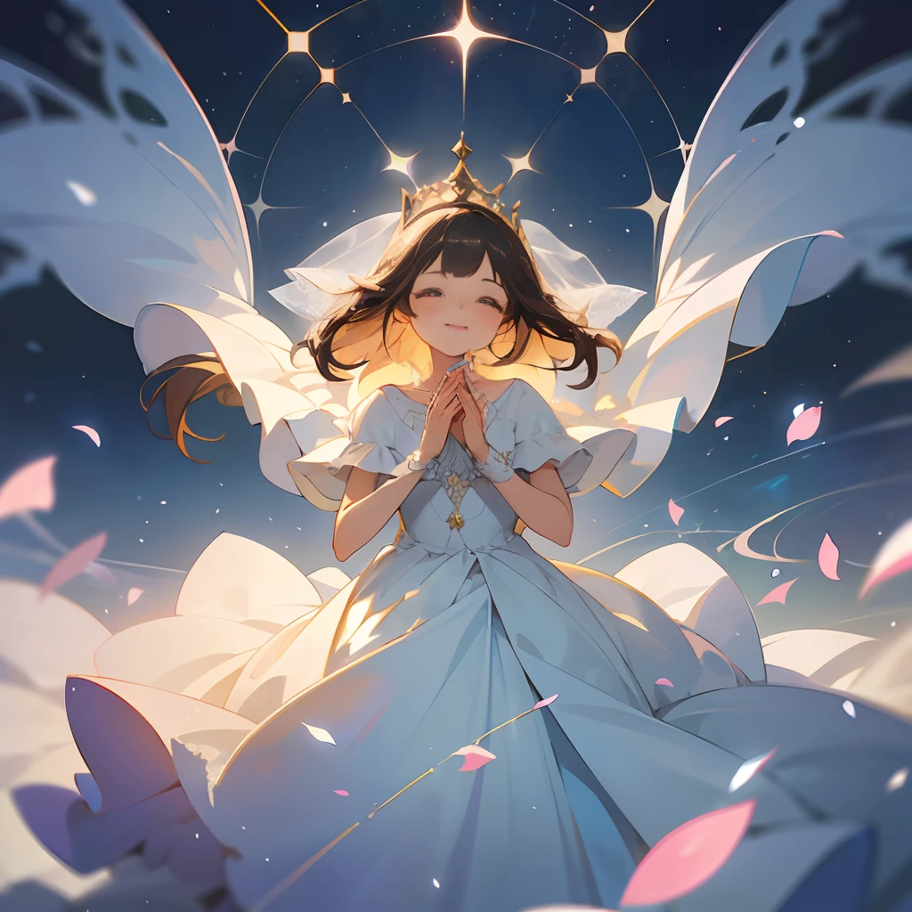 ((best quality)), ((masterpiece)), (detailed), (dreamlike), (young girl), (wedding dress), (floating), (garden in the sky), a young girl with an ethereal presence, dressed in a breathtaking wedding gown, gracefully floats through an enchanting garden suspended in the heavens. The garden is adorned with vibrant blooms in a myriad of colors, forming a kaleidoscope of petals that dance on the gentle breeze. The girl's gown billows around her as if weightless, its flowing fabric shimmering with a hint of magic. Delicate flowers and ivy vines intertwine in her hair, creating a natural and whimsical crown. The air is perfumed with the sweet fragrance of blossoms, creating an atmosphere of romance and serenity. The girl's radiant smile exudes joy and anticipation as she gazes into the endless expanse of the sky, filled with stars that twinkle with a special brilliance. [fantasy art:1.1], [floating garden:1.2], [magical atmosphere:1.1], (dreamy ambiance:1.2), (digital painting:1.1)