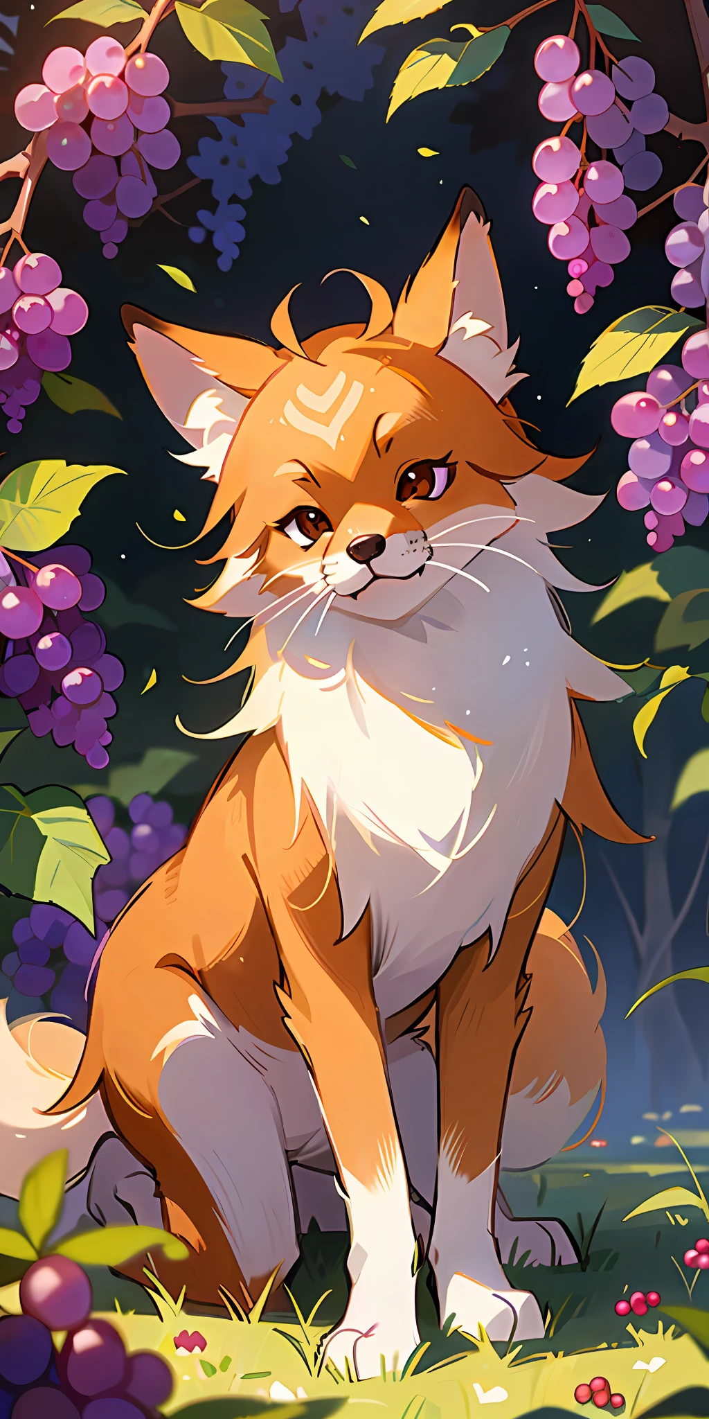Under the grape rack, a cute fox is trying to pick grapes