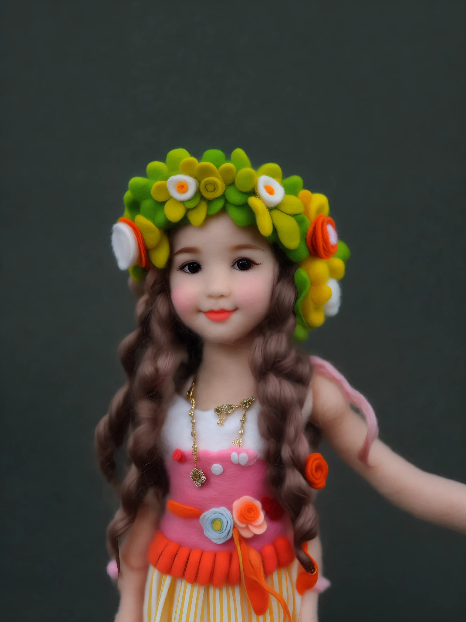 HD, (Best Details) (Best Quality), detailed facial features, there is a young girl wearing a flower crown and necklace, spark, (((felt))), handmade, plush toys, mini wool style