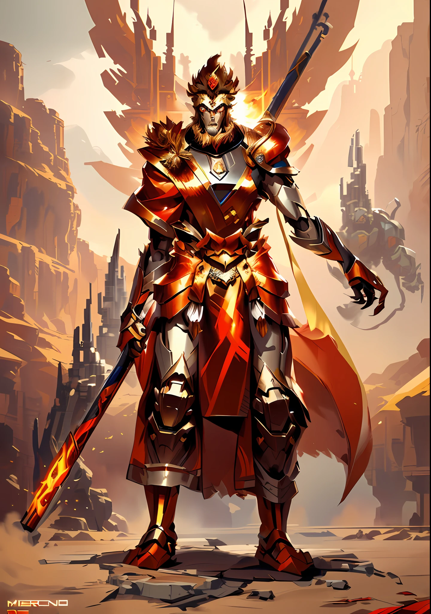 Monkey King, Mecha Monkey, Mechanical Monkey Head, Close Up of a Man with a Stick and Fire, Hero Fantasy Character Concept, RPG Concept Art Character, Warrior Concept Art, RPG Character Concept Art, Detailed Full Body Concept Art, Riot Game Concept Art, RPG Character Art, Epic Exquisite Character Art, Warrior Character Design, RPG Portrait Concept Art