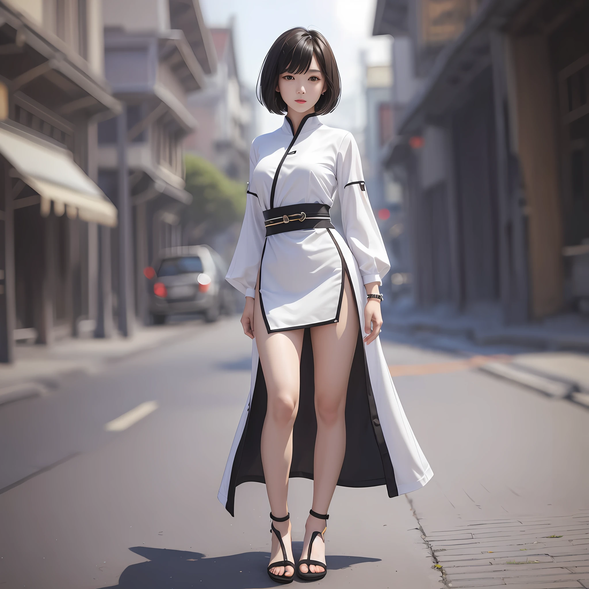 Full body portrait of young asian woman with black short hair, wearing full body white taktop, realistic and confident shallow depth of field... ar-image #2 --auto --s2