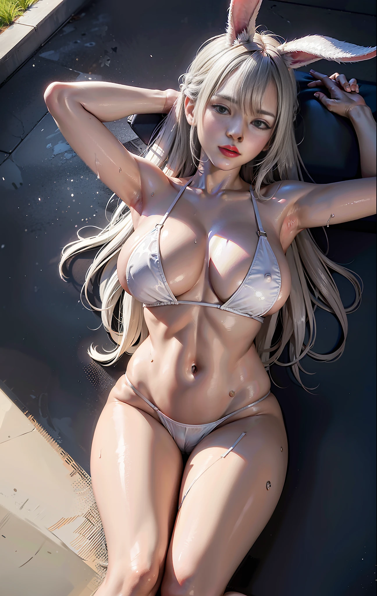 masterpiece, top quality, ultra hd, maximum resolution, very detailed, clean skin, anime, full body, nude, hexaceps, slender, very cute, young face, 20 year old girl, very huge breasts, red eyes, half long hair, silver hair, braid hair, lying down, open legs, raised legs, white clothing, rabbit ears, bunny girl, half-shedding clothes, half-shedding underwear, wet clothes, light-skinned clothes, clothes with visible chest tips, sweat, light clothes, breasts protruding from clothing, Transparent clothes on the abdomen, lower breasts, embarrassment, blushing, showing off, crotch exposed, areola transparent, open, showing, vaginal discharge,