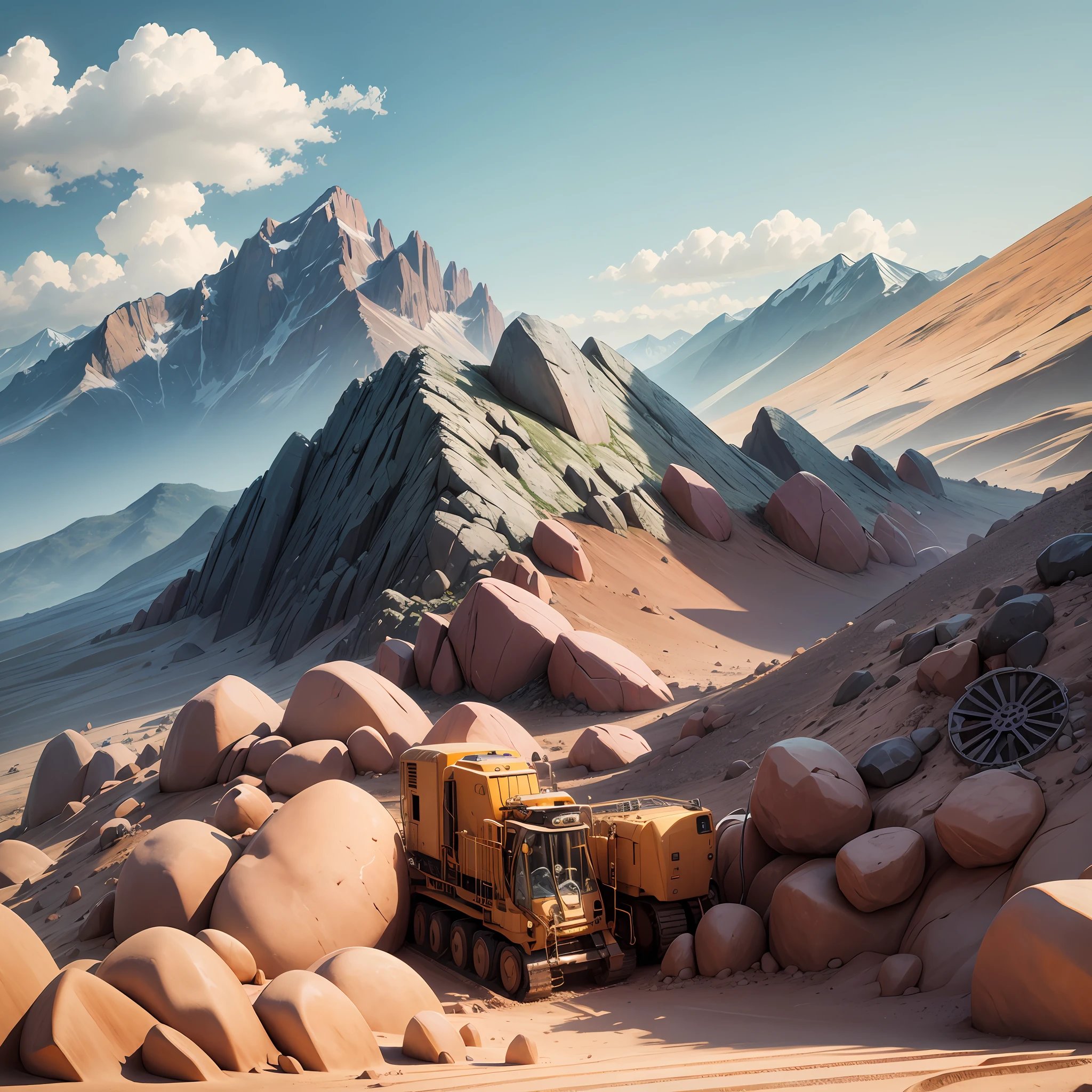Mountain background, mechanical equipment, stone sand --auto --s2