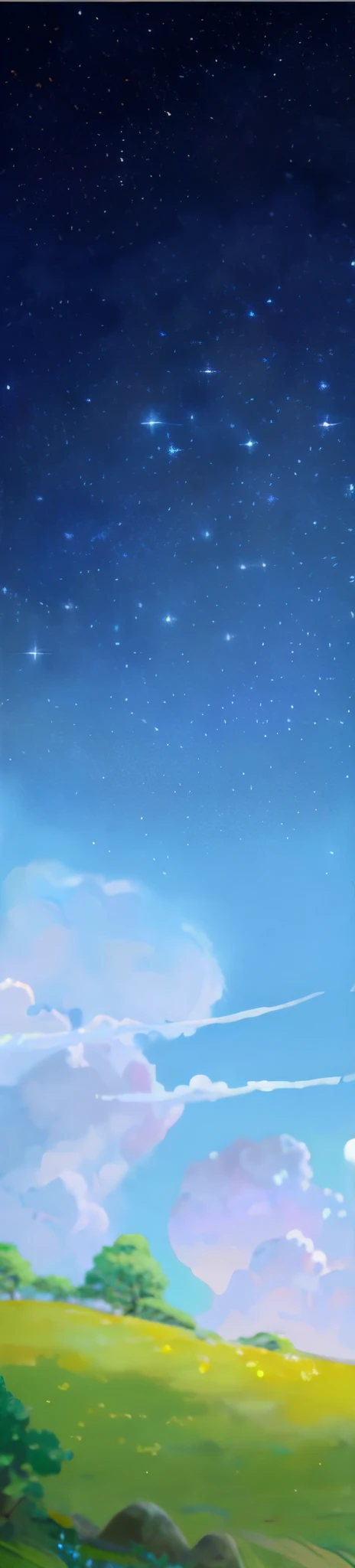 Real, real, beautiful and amazing landscape oil painting Ghibli Studio Hayao Miyazaki's petal steppe with blue sky and white clouds, sky theme in background, background is heaven, glowing sky sky background, moonlight starry sky environment, star (sky) starry_sky, background heaven sky, sky background, fantasy puffy sky, main arcane sky, anime sky, main Arcana Mason sparkling sky, --v6