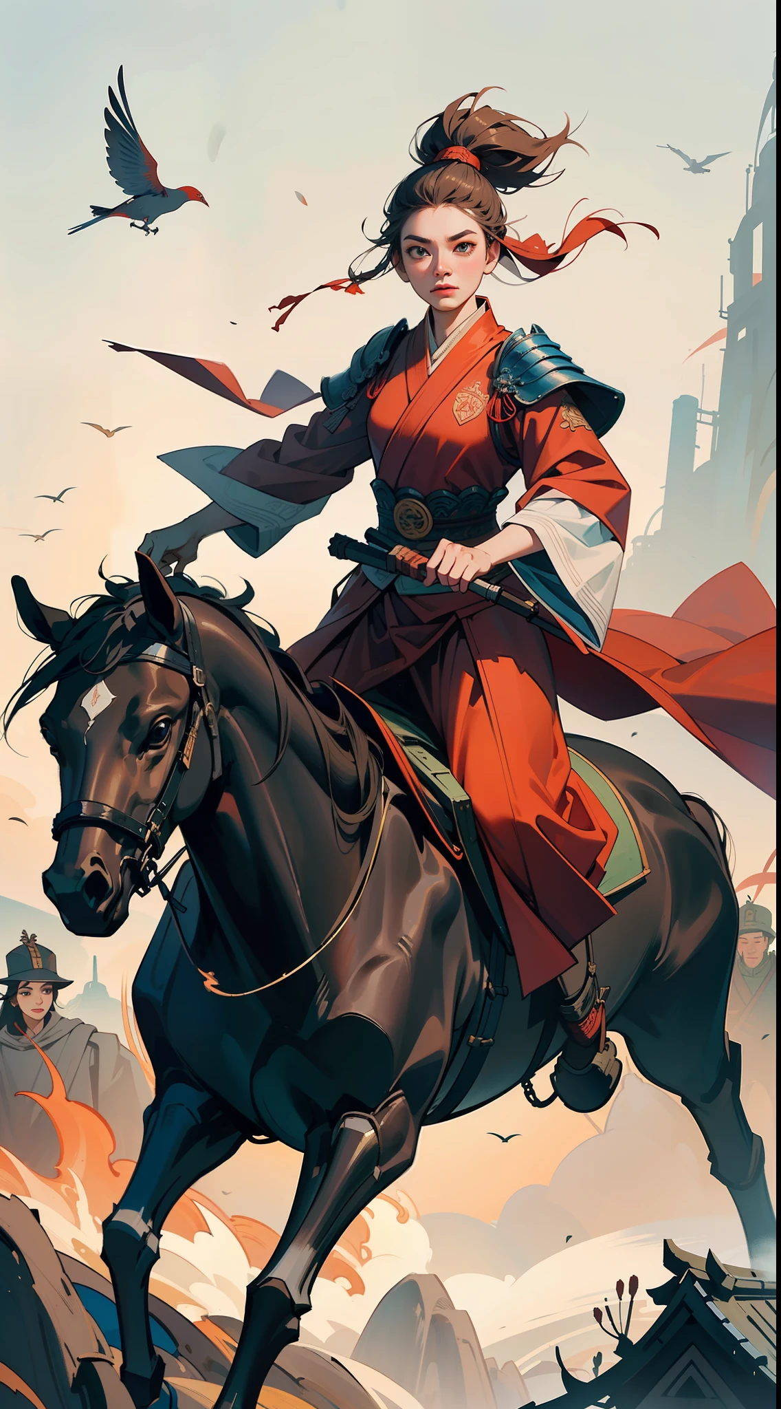 chinoiserie,The background is the ancient Chinese battlefield,A female general rides a war horse、A full body,Clear facial features、grim expression,Facing the audience,Amazing facial features,Red robes,ARMOUR,Yellow sand flying,Fleeing crowds,firelight,Game model,C4D, OCrenderer, edge light,The light is delicate,masterpieces,hyperdetailed,epic composition,Super HD,Quality,Max Quality,32k