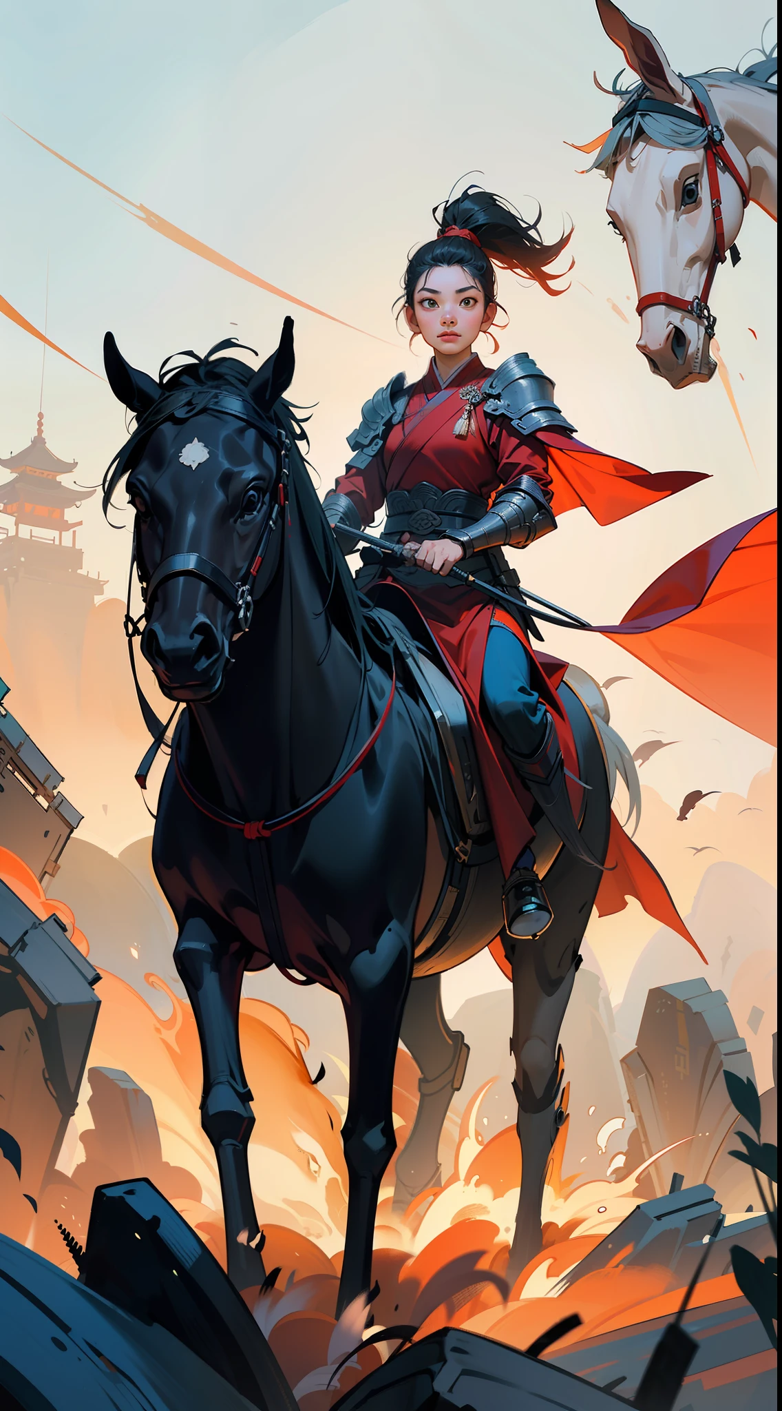 chinoiserie,The background is the ancient Chinese battlefield,A female general rides a war horse、A full body,Clear facial features、grim expression,Facing the audience,Amazing facial features,Red robes,ARMOUR,Yellow sand flying,Fleeing crowds,firelight,Game model,C4D, OCrenderer, edge light,The light is delicate,masterpieces,hyperdetailed,epic composition,Super HD,Quality,Max Quality,32k