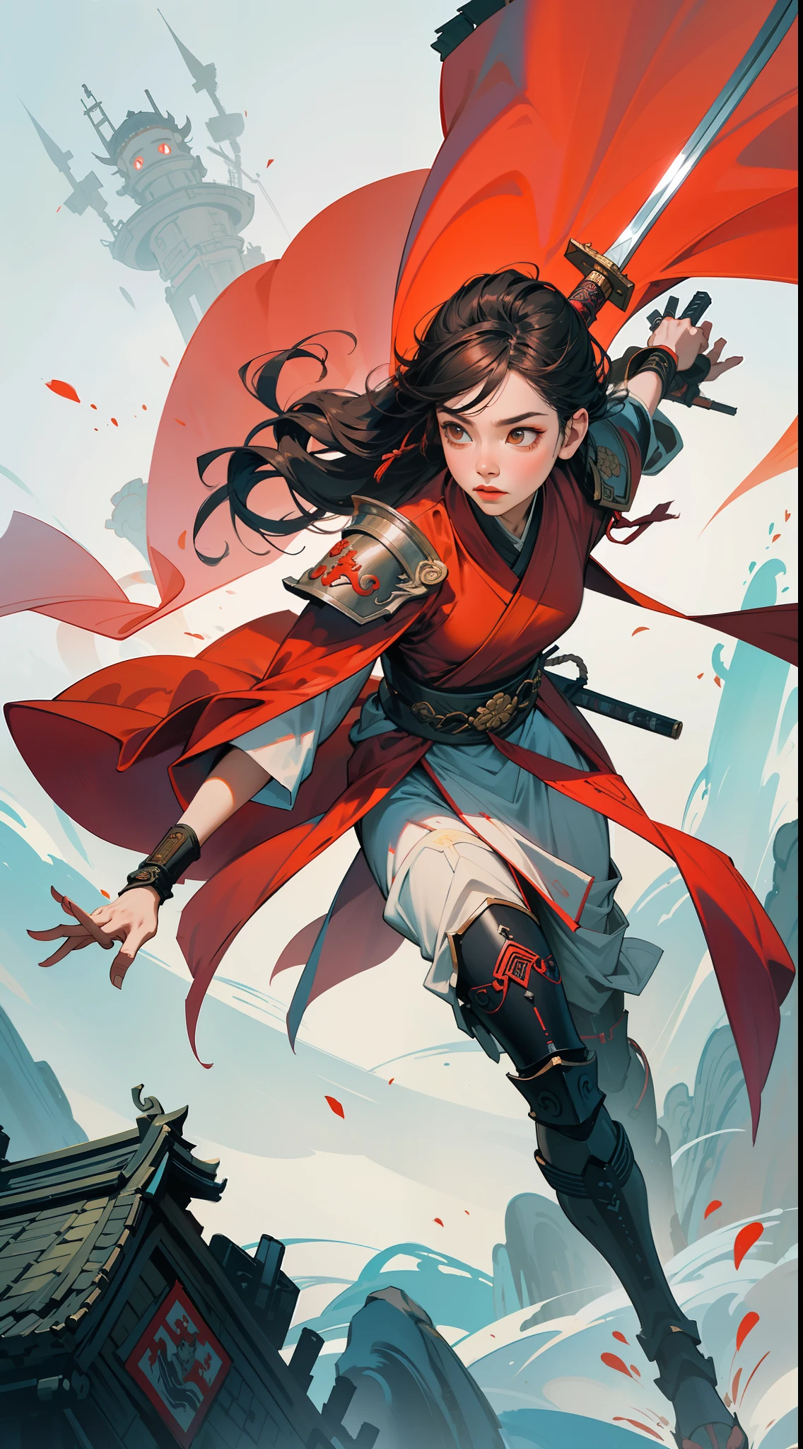 chinoiserie，The background is the ancient Chinese battlefield，A female general came carrying a sword、A full body，Clear facial features，grim expression，Amazing facial features，Red robes，ARMOUR，Yellow sand is flying in the sky，Fleeing crowds，firelight，Game model，C4D， OCrenderer， edge light，The light is delicate，masterpieces，hyperdetailed，epic composition，Super HD，Quality，Max Quality，32k