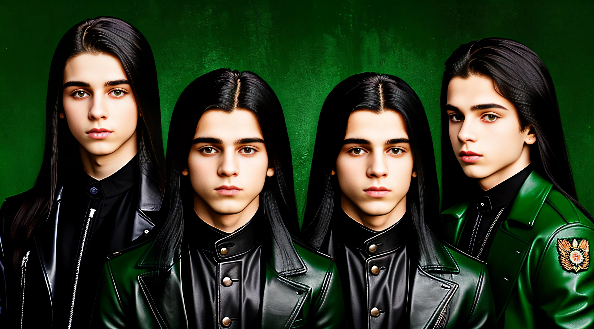 4 BOYS Russian children 20 years old, WITH LONG DARK STRAIGHT HAIR, WITH GREEN LEATHER OVERCOAT, PORTRAIT STYLE, WITH BLACK BACKGROUND.