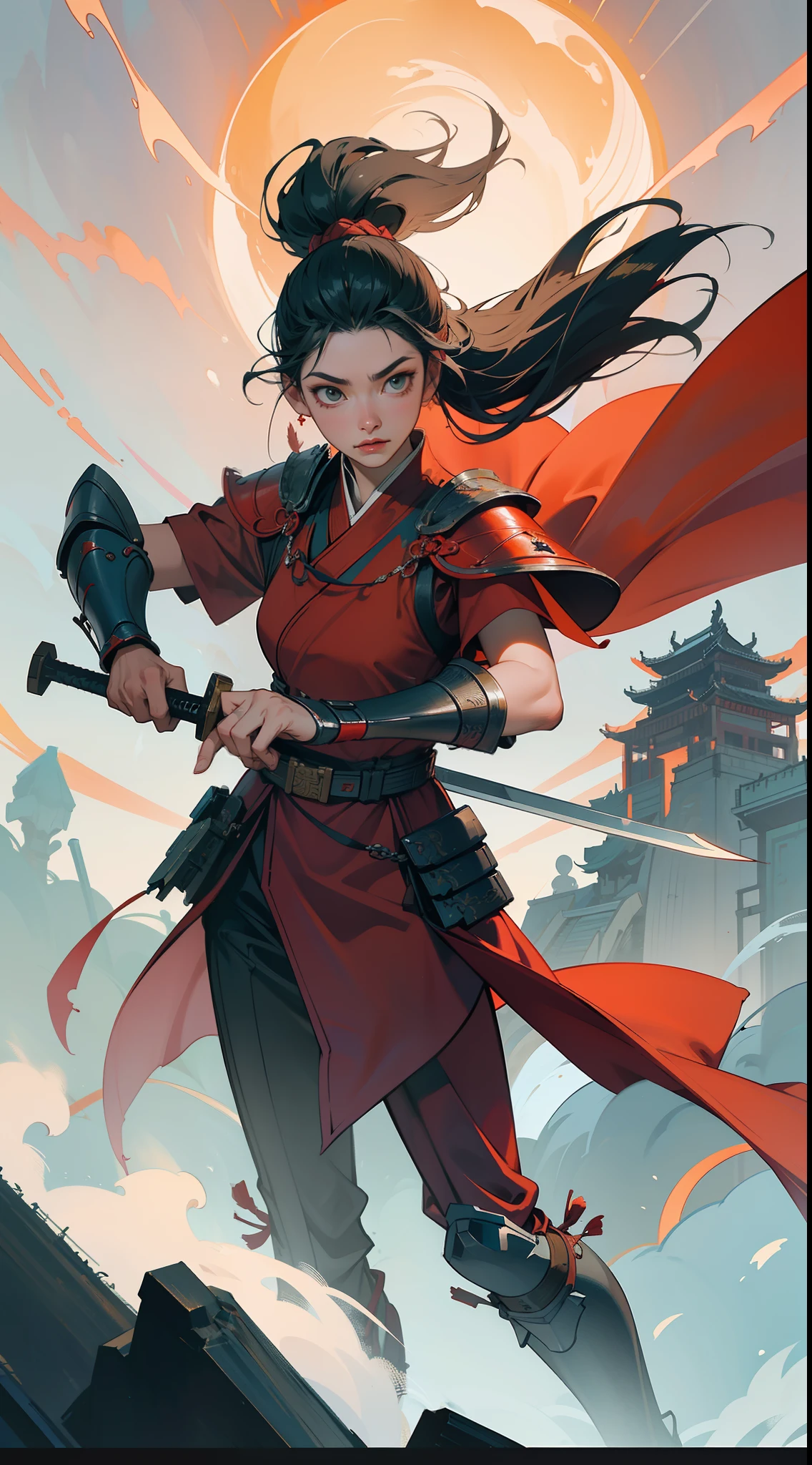 chinoiserie，The background is the ancient Chinese battlefield，A female general came with a matching sword、A full body，Clear facial features，grim expression，Amazing facial features，Red robes，ARMOUR，Yellow sand is flying in the sky，Fleeing crowds，firelight，Game model，C4D， OCrenderer， edge light，The light is delicate，masterpieces，hyperdetailed，epic composition，Super HD，Quality，Max Quality，32k