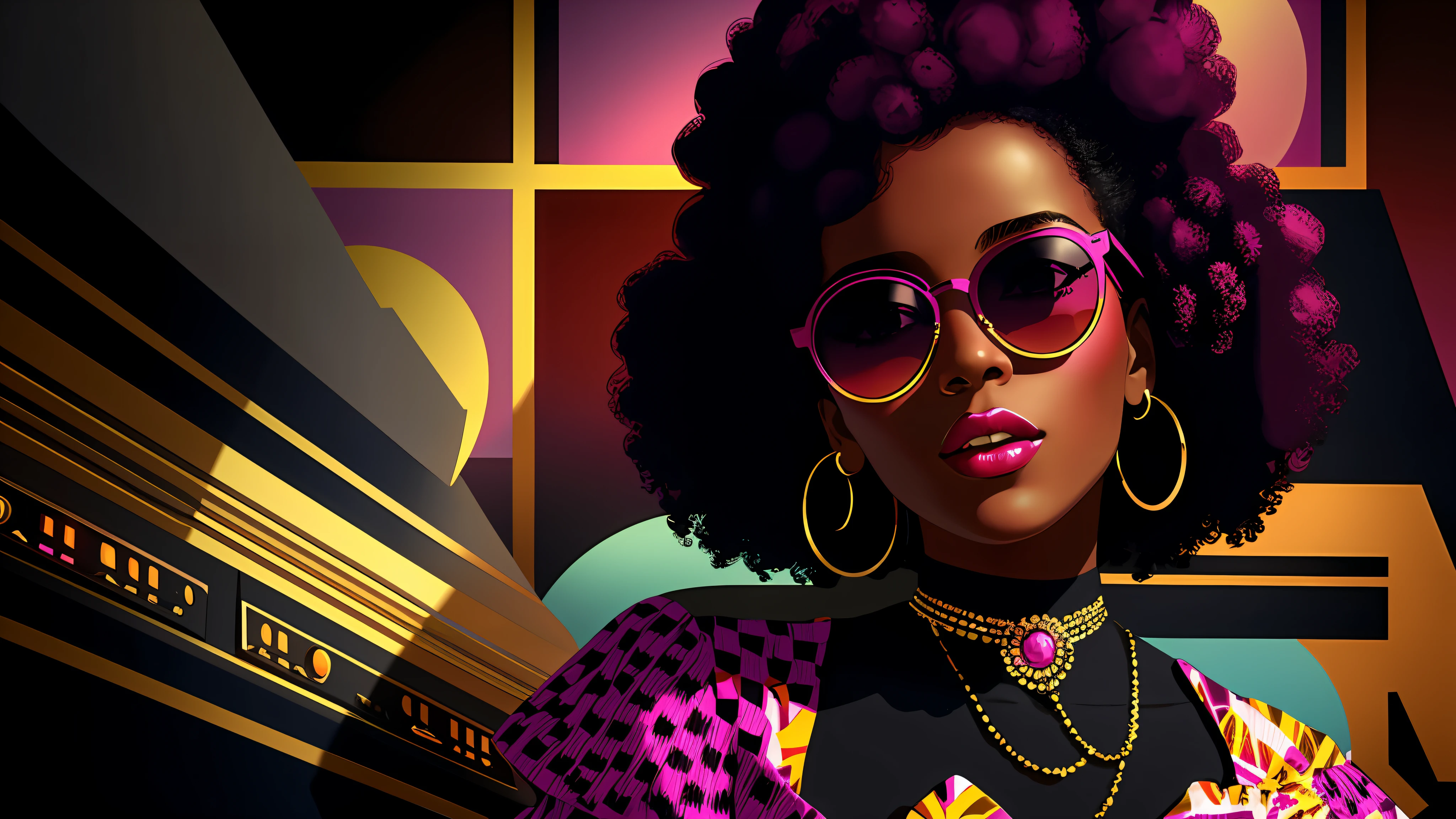 vintage, a close up of one beautiful afro woman (character at the right), dark pink and white modern dress, sunglasses, 8k, digital art, stunning digital illustration, no text, magenta colored abstract background, music elements