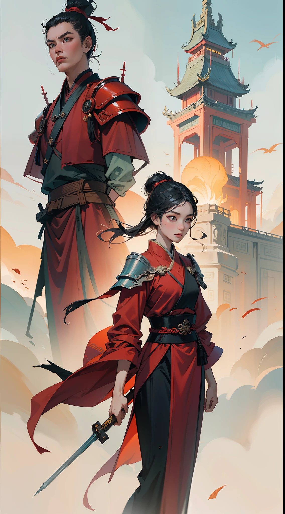 chinoiserie,The background is the ancient Chinese battlefield,A female general came with a matching sword、A full body,Clear facial features,grim expression,Amazing facial features,Red robes,ARMOUR,Yellow sand is flying in the sky,Fleeing crowds,firelight,Game model,C4D, OCrenderer, edge light,The light is delicate,masterpieces,hyperdetailed,epic composition,Super HD,Quality,Max Quality,32k