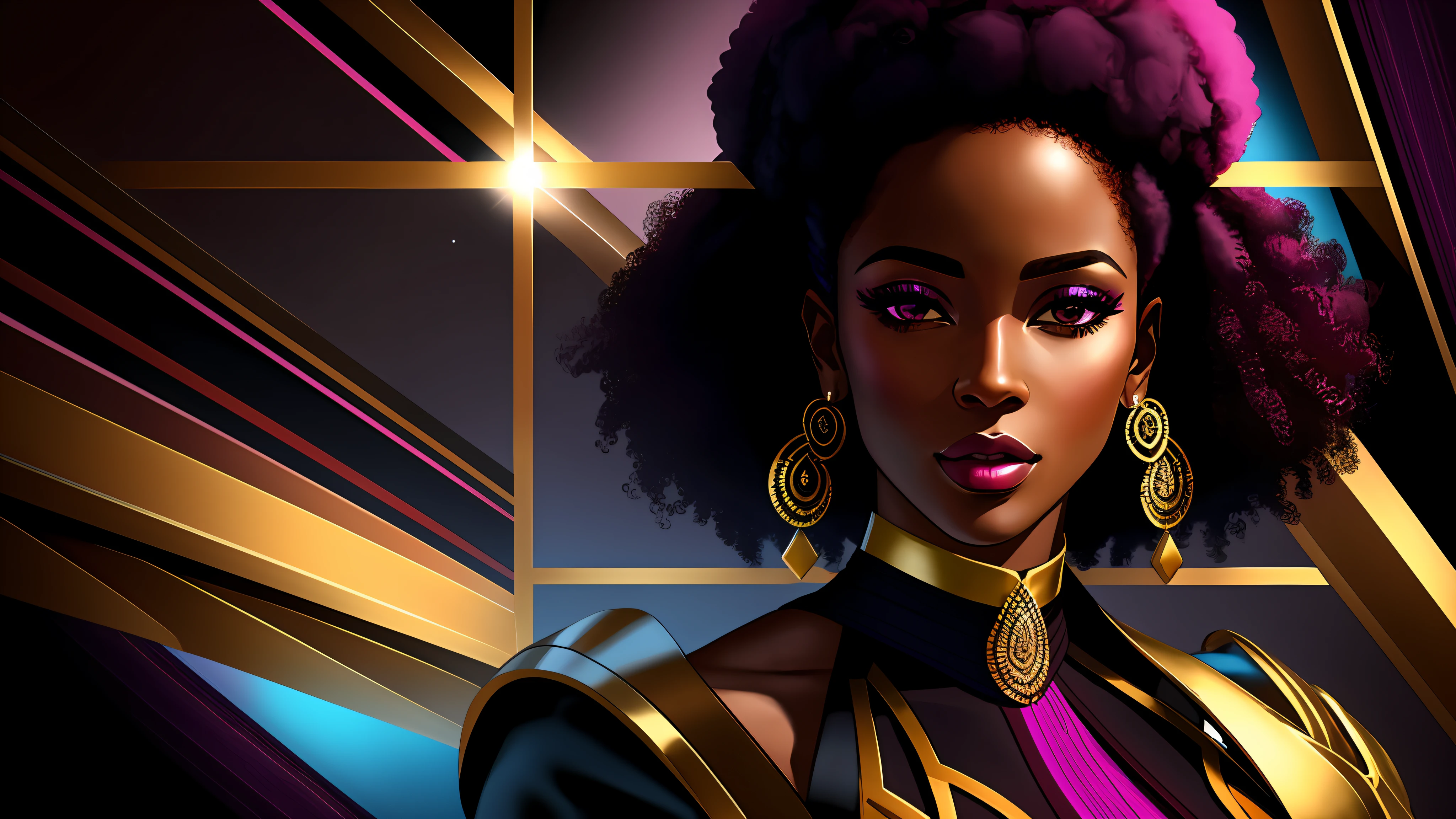 a close up of one beautiful afro woman (character at the right), dark magenta and white modern dress, 8k, digital art, stunning digital illustration, no text, blue colored abstract background, music elements