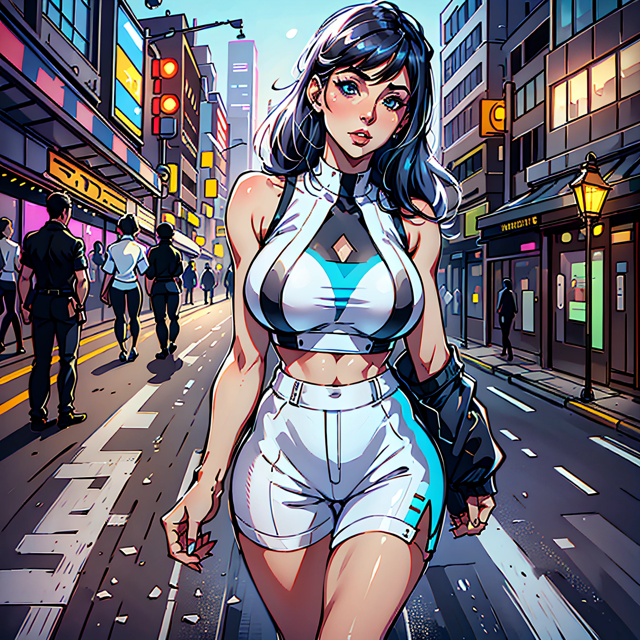 (High-tech, city night scene, modern woman, professional photography), (waistless white sports vest, yoga shorts: 1.2, high heels: 1.1), (realistic portrait, tall, bangs), (overhead shot: 1.1, light and shadow, realism), (roadside pedestrians, street lights), (exquisite makeup, Valentino, fairy, light makeup, opaque clothes, white clothing), full body image (character ratio picture 2/1), standing posture, vivid depiction, realism" anime style reduced --auto --s2