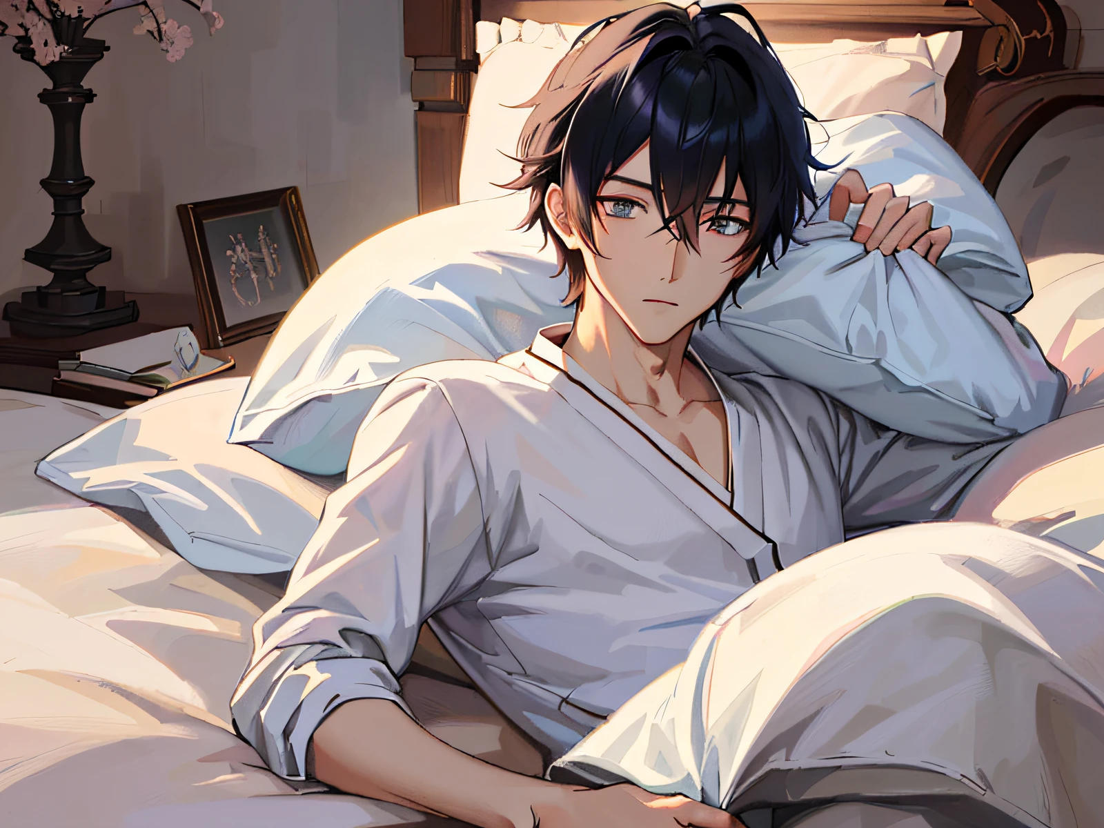 anime boy laying in bed with pillow and pillow case, artwork in the style of guweiz, guweiz, handsome anime pose, young anime man, smooth anime cg art, kawacy, anime boy, anime handsome man, anime moe artstyle, guweiz on pixiv artstation, high quality anime artstyle, soft anime illustration, male anime style