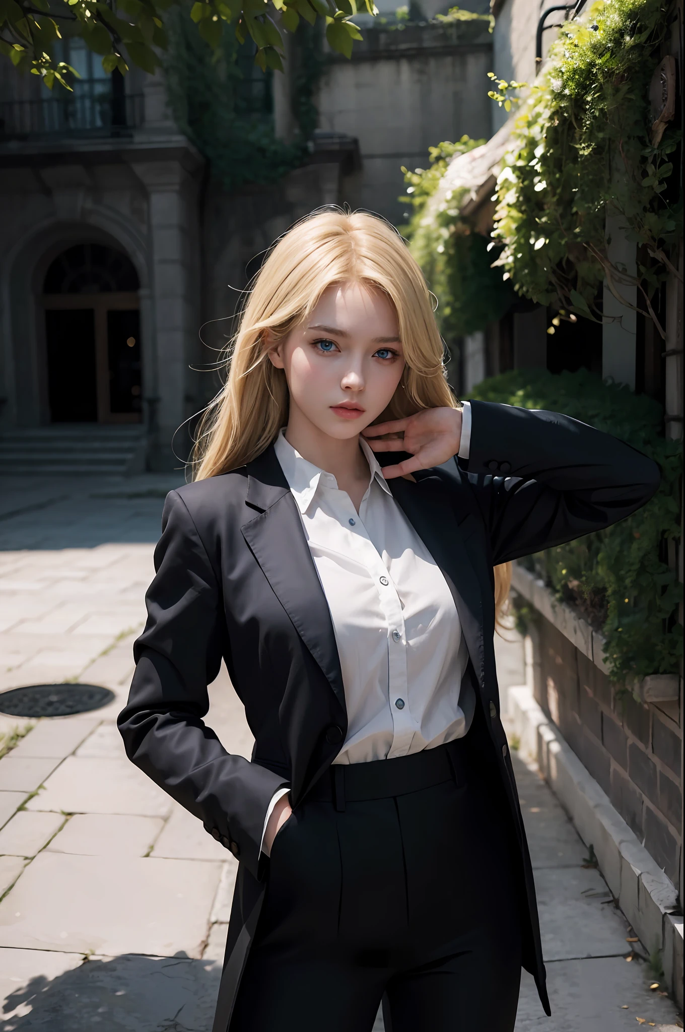 Top Quality, Masterpiece, Ultra High Resolution, (Photorealistic: 1.4), Raw Photo, 1girl, Blonde Hair, Blue Eyes, Detailed Eyes and Face, Black Suit, Dynamic Lighting, Dark, Deep Shadows, Unobtrusive, Cowboy Shots Full Length Body, Full Body