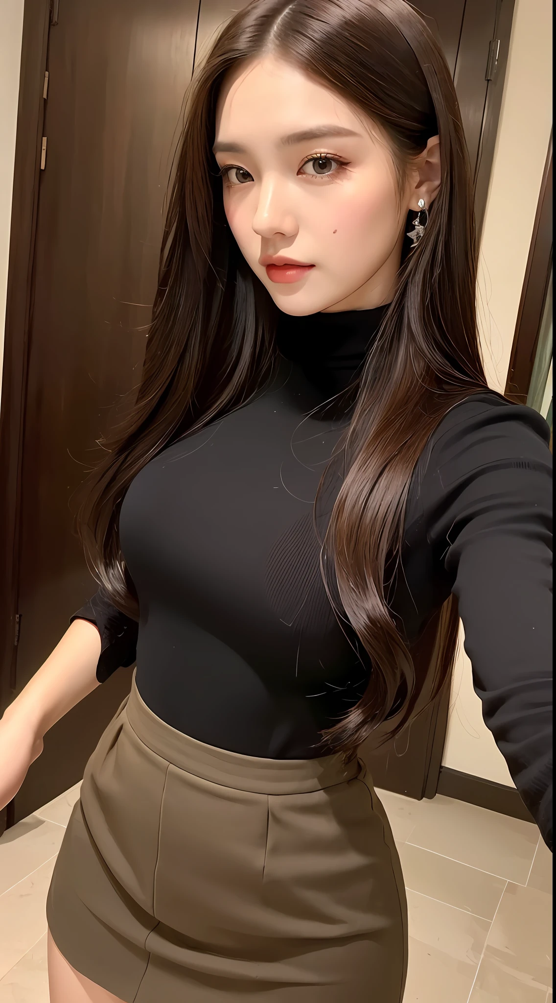 (Top Quality, 4k, Masterpiece: 1.3), Beauty, 1 Girl, Sexy: 1.1, Dark Brown Hair: 1.1, Clothes with Ultra Detailed Face, Detailed Lips, Detailed Eyes, Beautiful, Skirt, Body Line