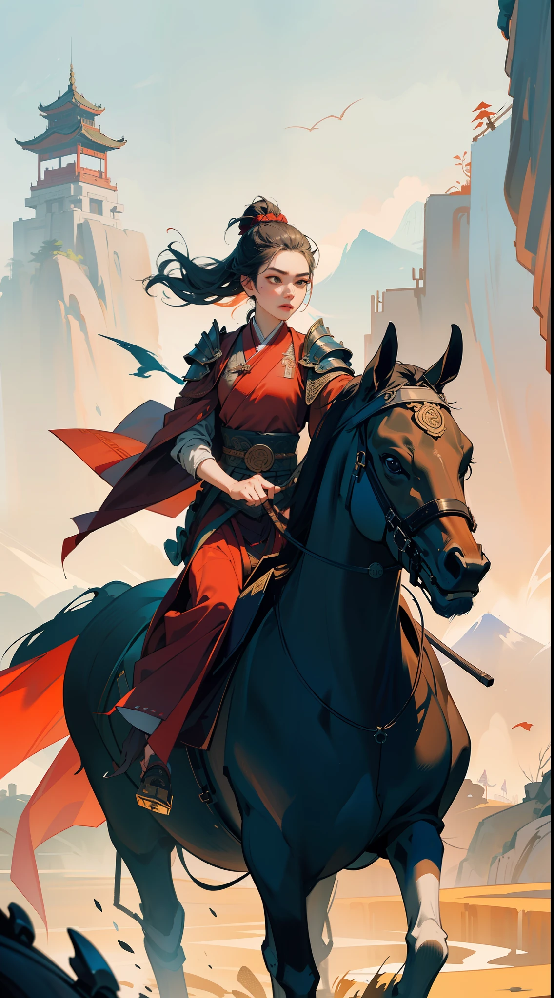 chinoiserie,The background is the ancient Chinese battlefield,A female general rides a war horse、A full body,Clear facial features、grim expression,Facing the audience,Amazing facial features,Red robes,ARMOUR,Yellow sand flying,Fleeing crowds,firelight,Game model,C4D, OCrenderer, edge light,The light is delicate,masterpieces,hyperdetailed,epic composition,Super HD,Quality,Max Quality,32k