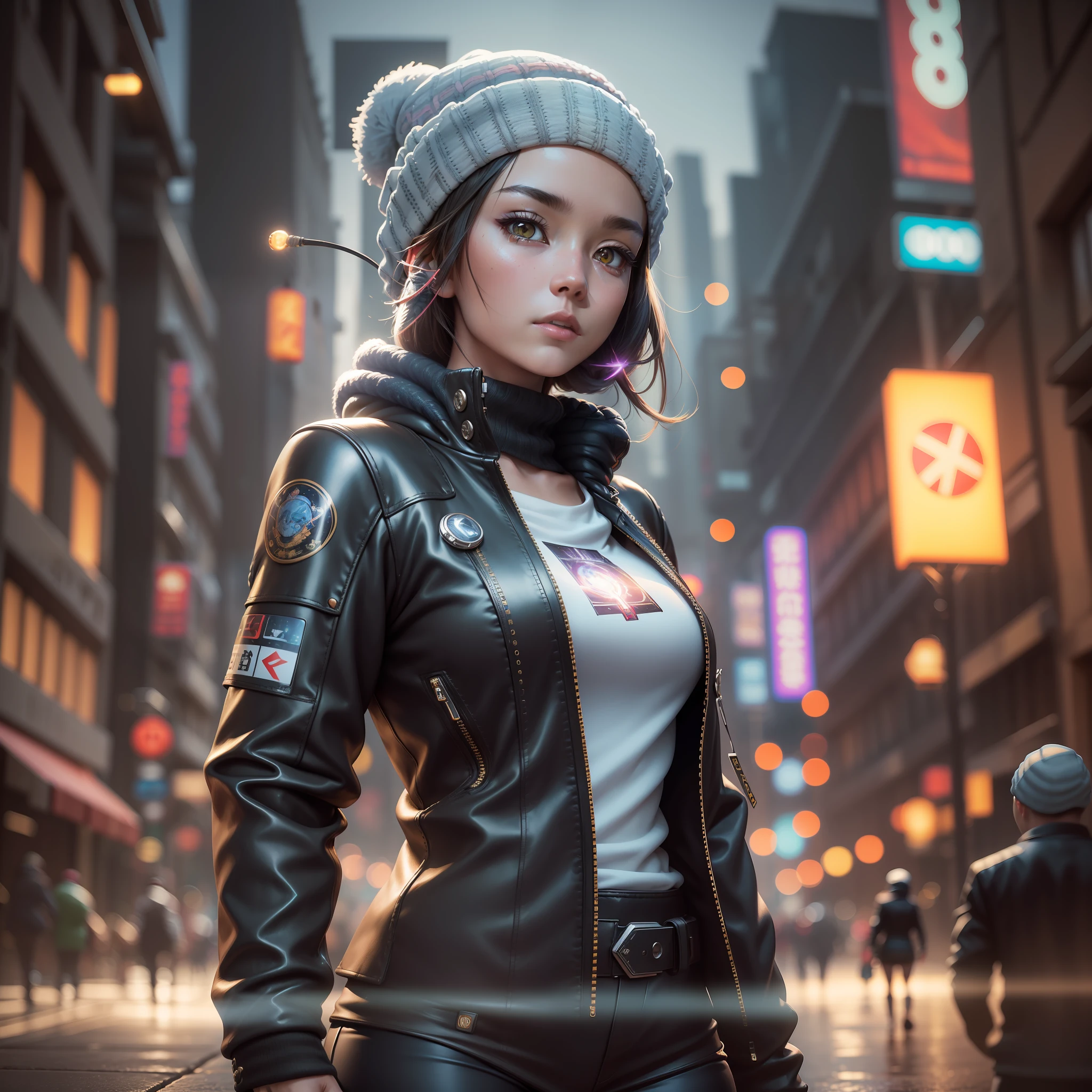 ( (8k:1.27), best quality, masterpiece, ultra highres:1.2) Photo of Pretty Japanese woman (beautiful:1.1) (sci-fi warrior woman:1.1) space soldier, (beanie:1.61) (leather jacket:1.21) intricate elegant, fantasy, detailed, ometric by greg rutkowski and alphonse mucha, gradient lighting, dramatic, neon low light, soft lighting, film grain, anamorphic depth of field, bokeh, cinematic color, night city,