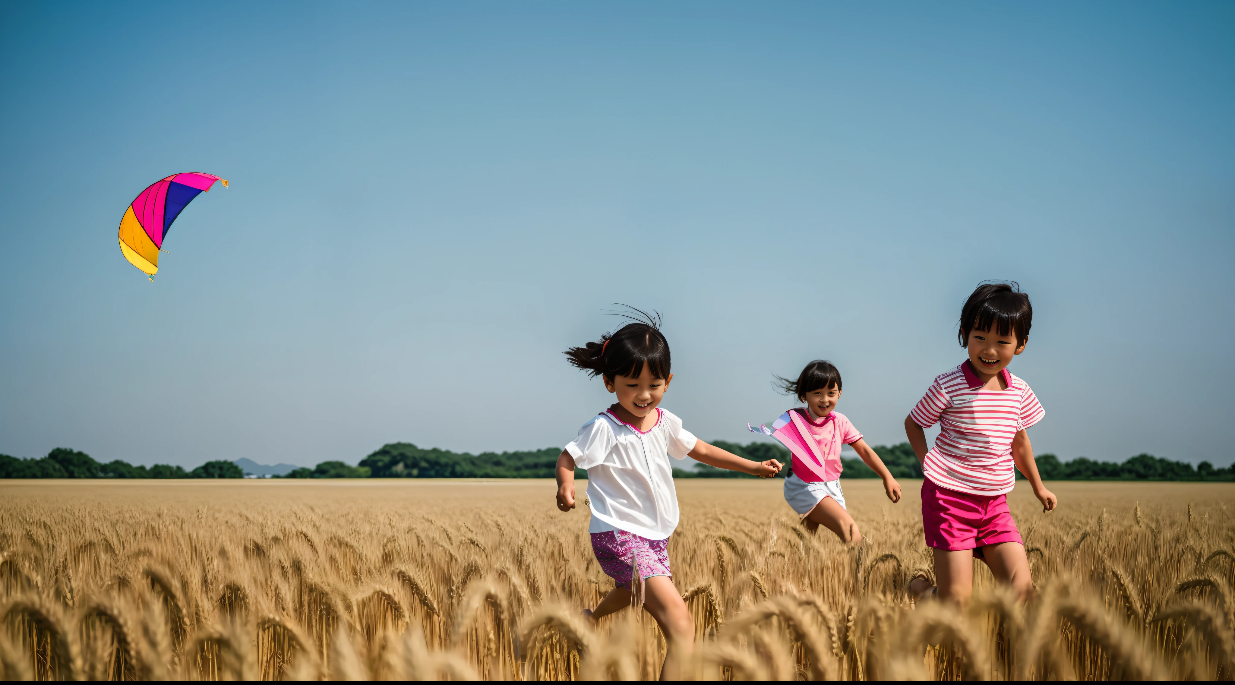 Sunny summer in the 80s, rural areas in southern China, innocent smiles, a group of -yead chig in a wheat field flying a kite, real, retro, Hong Kong style film camera, Fujifilm, real details. Realistic photography, high precision and rich detail, children's photography 4K --auto --s2