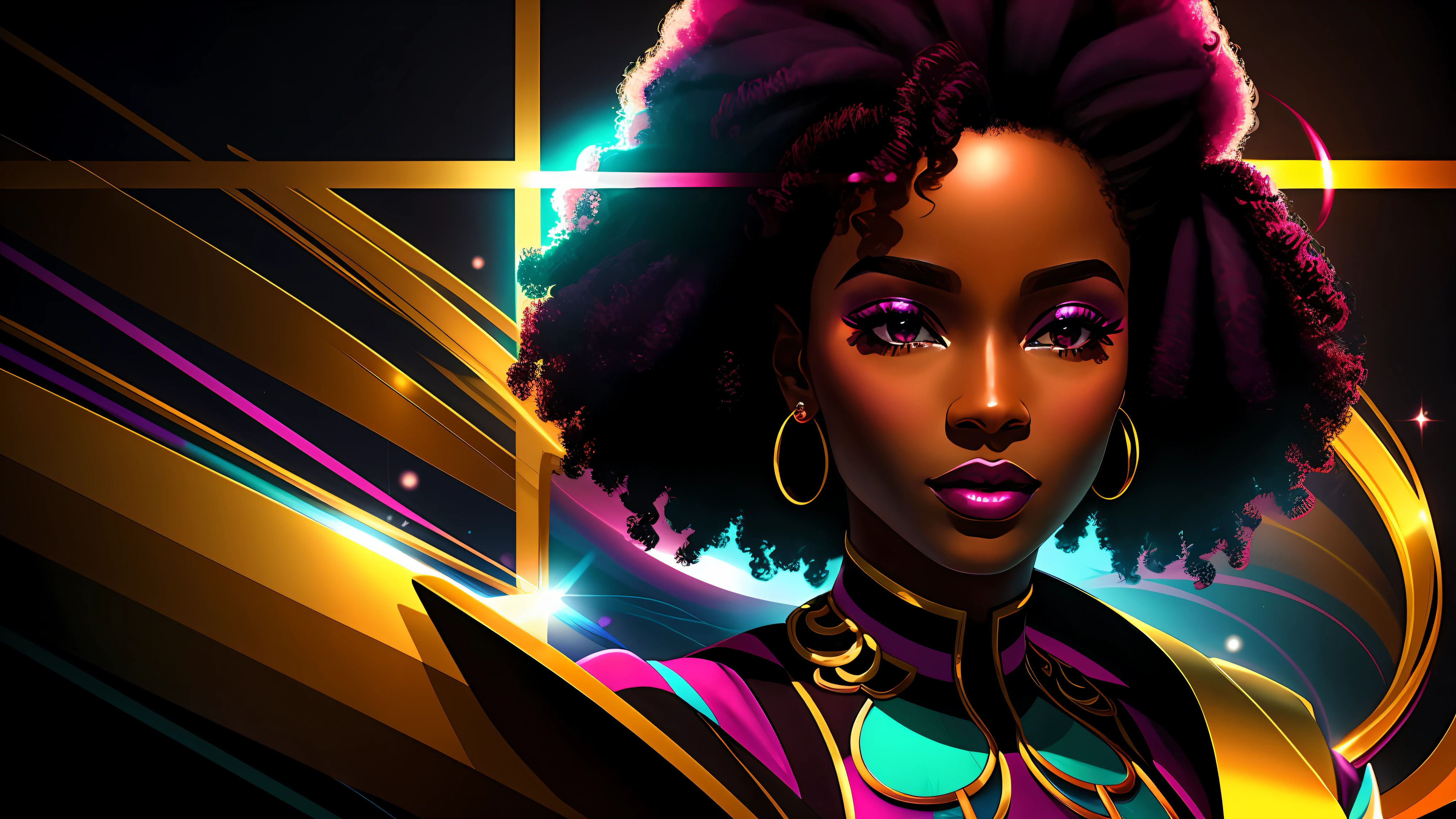 a close up of one beautiful afro woman (character at the right), dark magenta and white modern dress, 8k, digital art, stunning digital illustration, no text, blue colored abstract background, music elements