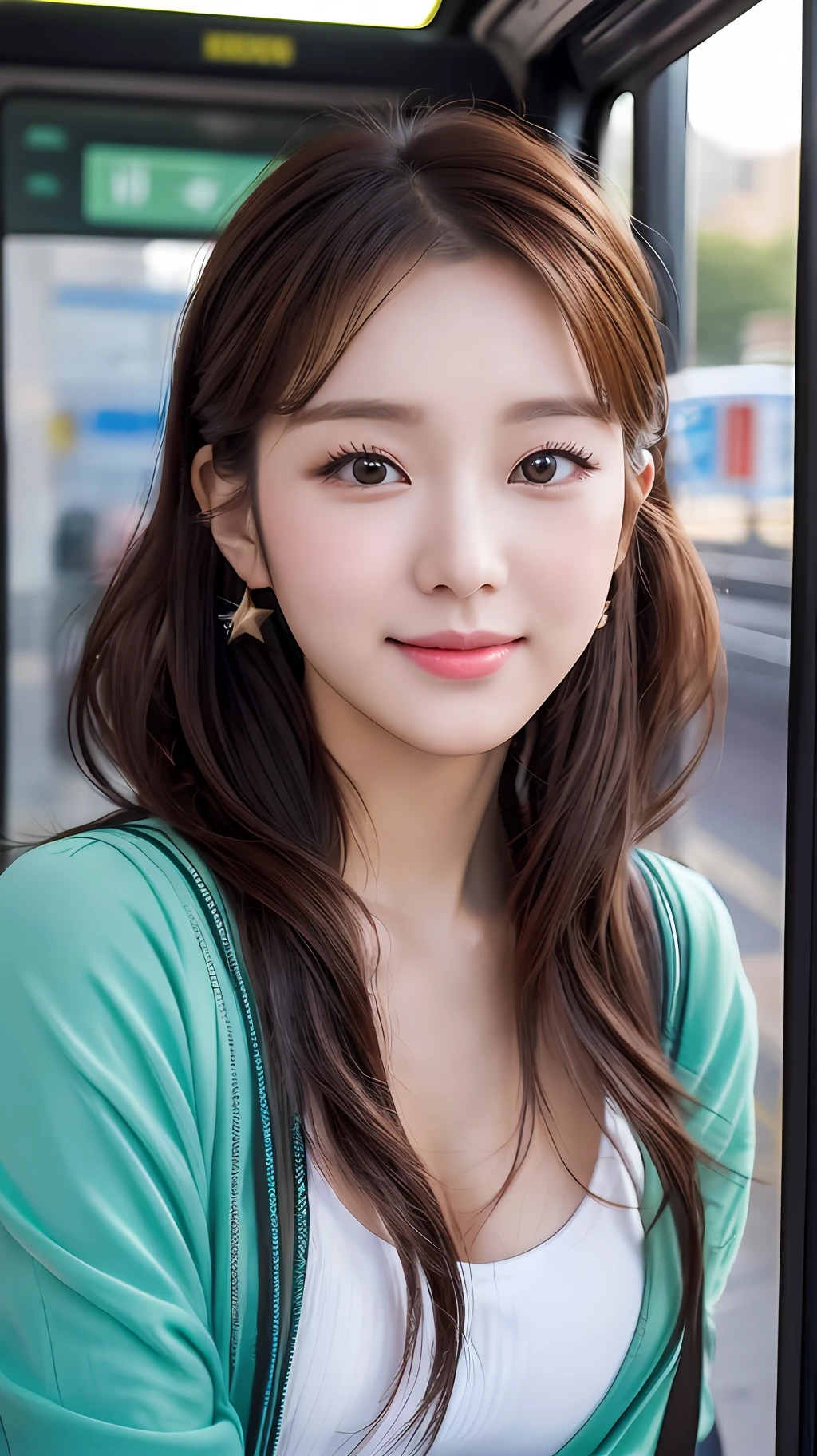 realistic photos of (1 cute Korean star) random hairstyles, thin makeup, medium breasts size, slightly smile, random outfit, sitting at bus stop, cut-in, foreshortening, jpeg artifacts, UHD, high quality, best quality, 16k