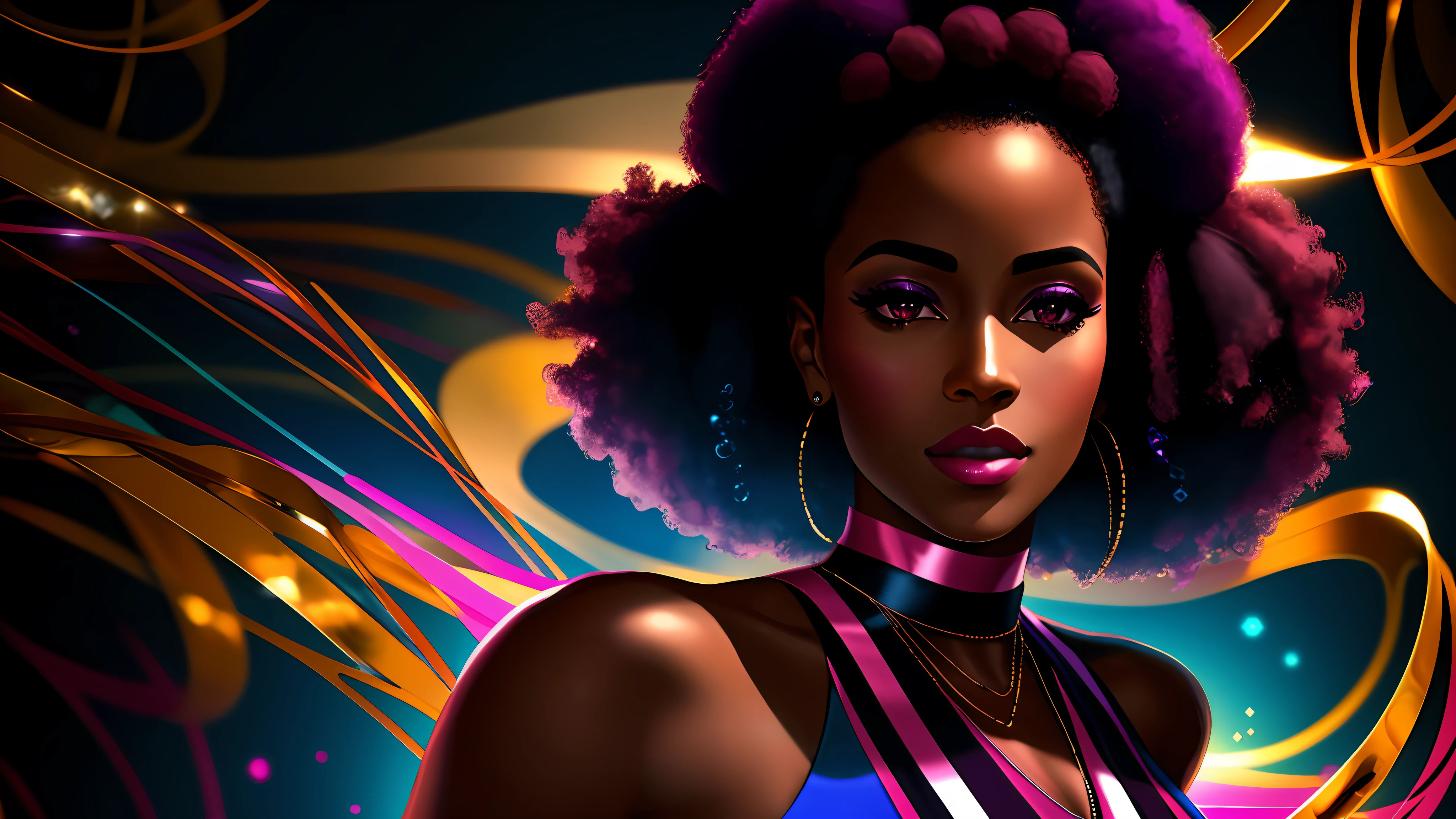 a close up of one beautiful afro woman (character at the right), dark magenta and white modern dress, 8k, digital art, stunning digital illustration, no text, blue colored abstract background, music elements