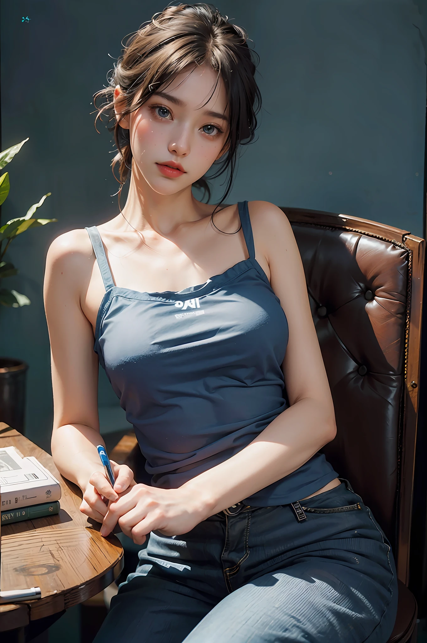 best qualtiy，超高分辨率，8K分辨率，Kizi，21yo，idoly，（Long black hair：1.3），A meticulous face，beautiful  face，Enchanted smile，Charming gesture，Lying by the beach，perfect bodies, Fair skin, Bigchest, swimming uniform，Extra-short denim shorts，Sunny afternoon，