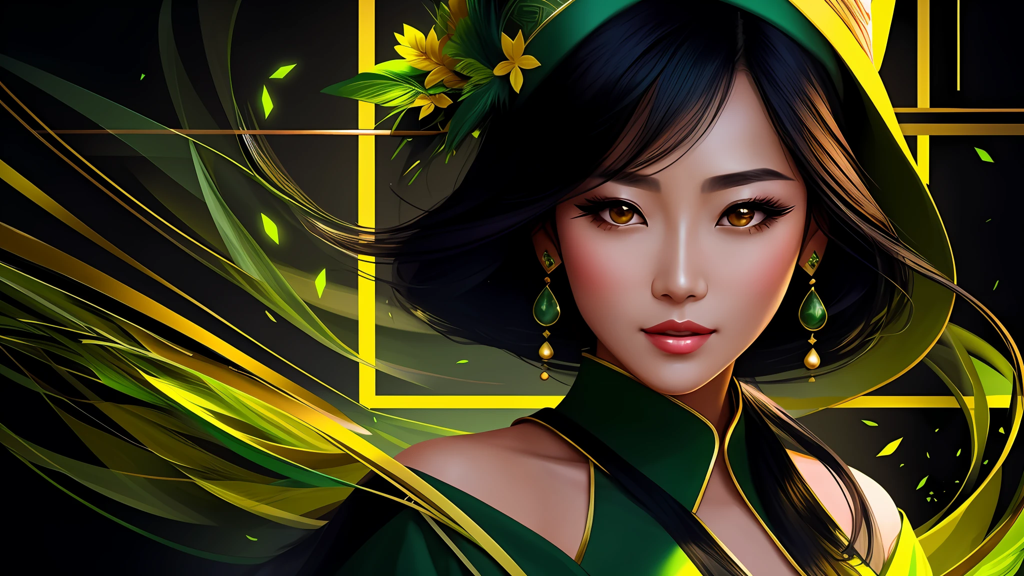 a close up of one beautiful asian woman (character at the right), dark green and yellow modern dress, elegant hat, 8k, digital art, stunning digital illustration, no text, dark green colored abstract background, music elements