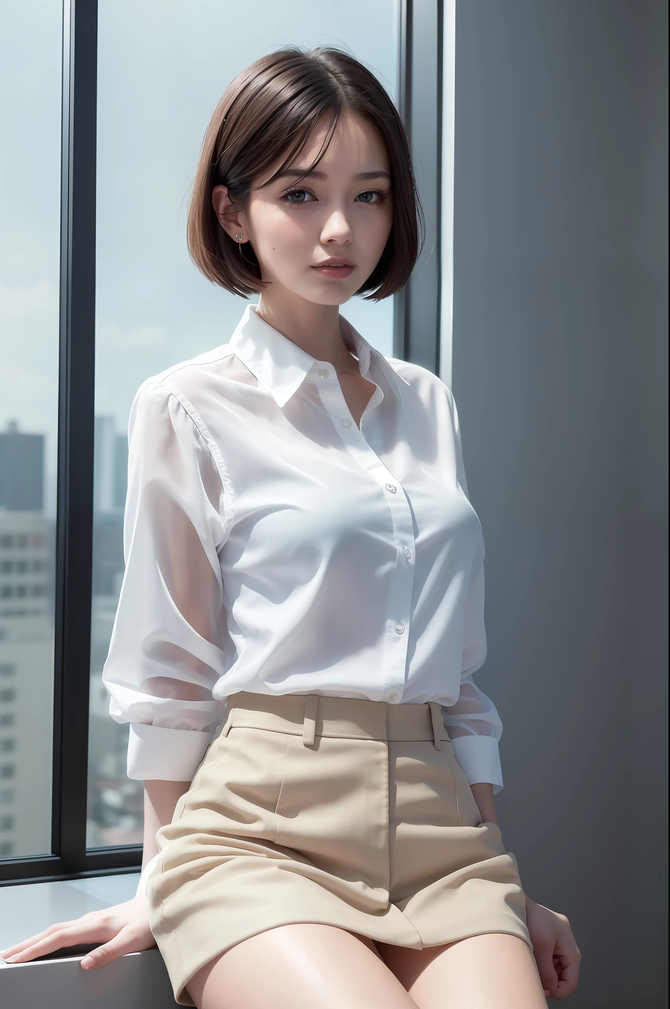 (8k, best quality, masterpiece: 1.2), (realistic, realistic: 1.37), super detailed, 1 girl, cute, solo, beautiful detailed sky, detailed office, night, sitting, (nose blush), (smile): 1.15), (shut up), mid-chest, beautiful delicate eyes, (collar shirt: 1.1), night, wet, transparent professional wear, rain, (short hair: 1.2), pureerosface_v1, computer, finger details, beautiful delicate face,