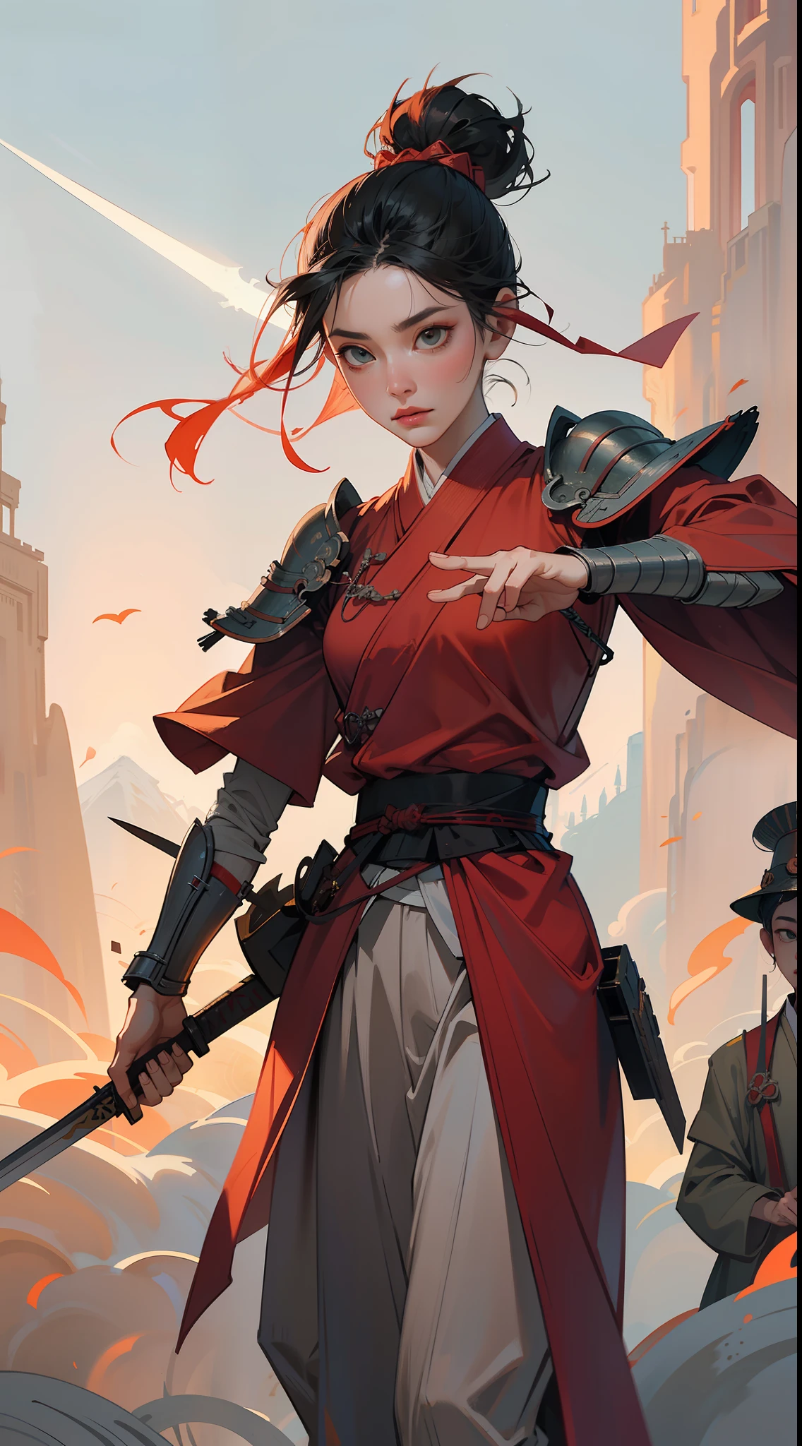 chinoiserie,The background is the ancient Chinese battlefield,A female general、Holding a matching sword in his hand、A full body,Clear facial features,grim expression,Amazing facial features,Red robes,ARMOUR,Yellow sand is flying in the sky,Fleeing crowds,firelight,Game model,C4D, OCrenderer, edge light,The light is delicate,masterpieces,hyperdetailed,epic composition,Super HD,Quality,Max Quality,32k