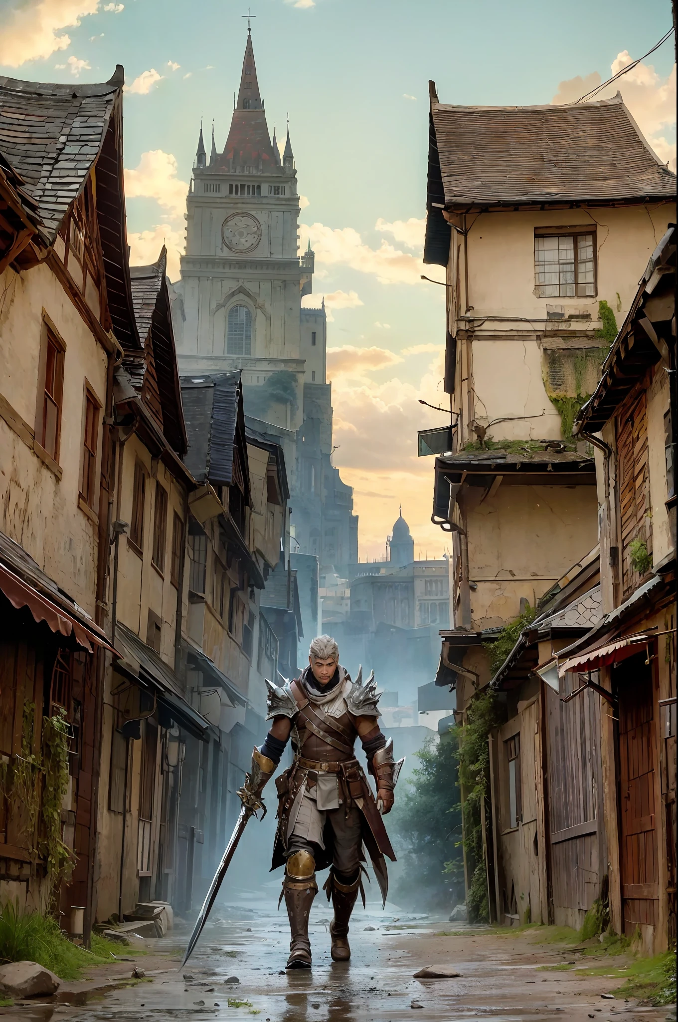 A monster hunter, a man in light leather armor walks through an ancient city, a bow, a sword, traps, monster hunter equipment, super detailing, like a picture of Kandinsky