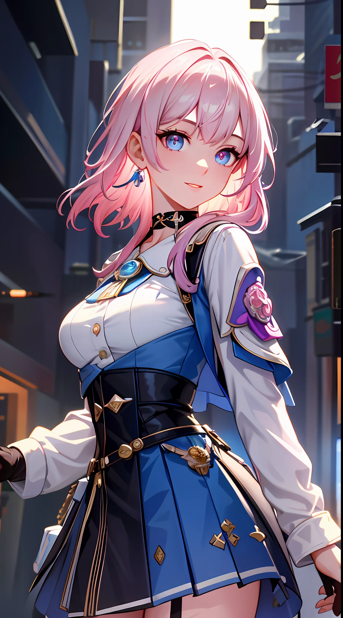 ph_Mar, Marhd, Mards, 1girl, solo, skirt, gloves, earrings, jewelry, bangs, blue eyes, pink eyes, black gloves, long sleeves, blue skirt,  choker, fingerless gloves, white shirt, hair between eyes, short hair, single glove, pleated skirt, partially fingerless gloves, purple eyes, jacket, multicolored eyes, (masterpiece:1.6, best quality),  (finely detailed beautiful eyes: 1.2), ultra-detailed, illustration,beautiful detailed eyes, (yandere:1.4), (empty eyes),  backlighting, looking at viewer, blush, smile, (masterpiece, finely detailed beautiful eyes: 1.2), (on the moon, space, looking back into earth), volumetric lighting, white jacket, glowing headphone, cyberpunk, futuristic, multi-color eyes, detailed eyes, hyper detailed,light smile, highly detailed, beautiful, small details, ultra detailed, best quality, intricate, hyperrealism, sharp, digital illustration, detailed, realism, intricate, 4k, 8k, trending on artstation, good anatomy, beautiful lighting, award-winning, photorealistic, realistic shadows, realistic lighting, beautiful lighting, raytracing, intricate details, moody, rule of thirds, masterpiece, (illustration:1.1), highres, (extremely detailed CG, unity, 8k wallpaper:1.1), beautiful face, highly detailed face, ultra realistic, masterpiece, bokeh, extremely detailed, intricate, zoomout, colorful, vibrant colors, red nail polish, side view,