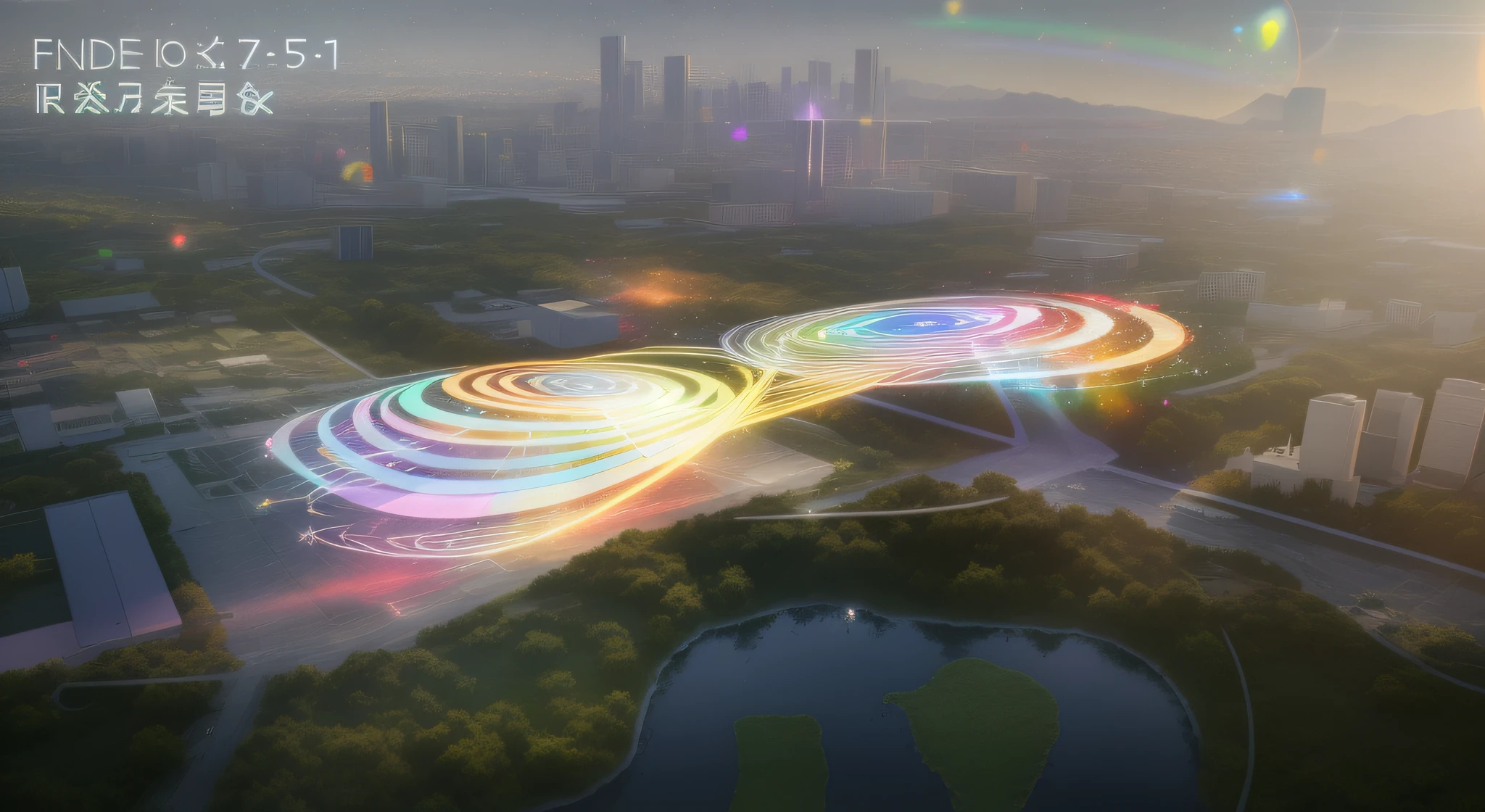 There are multicolored beam particles in the sky above, ray tracing, UHD