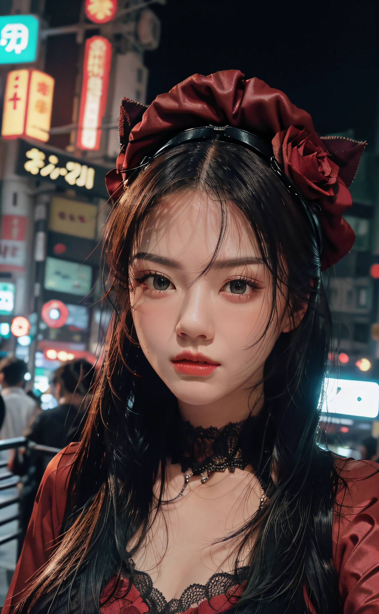 1girl, Tokyo street,night, cityscape,city lights, upper body,close-up, 8k, RAW photo, best quality, masterpiece,realistic, photo-realistic,headgear of red rose, parted bangs, long hair,