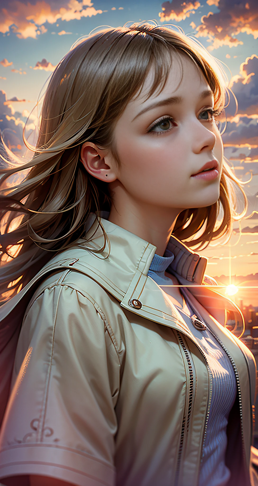 masterpiece, best quality, movie still, 1girl, cloud girl, floating in the sky, close-up, bright, happy, warm soft lighting, sunset, (sparks:0.7)