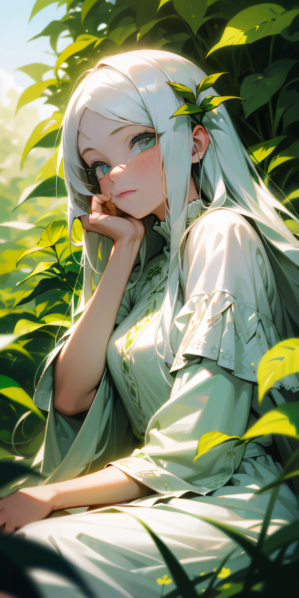 (masterpiece, best quality),1girl with long white hair sitting in a field of green plants and flowers, her hand under her chin, warm lighting, white dress, blurry foreground