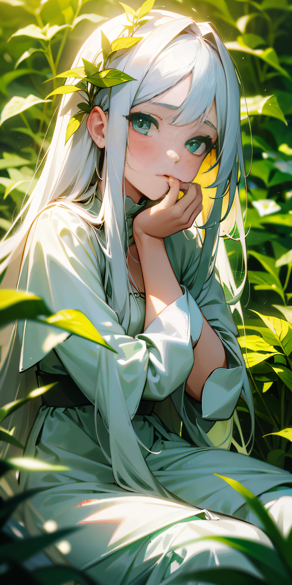 (masterpiece, best quality),1girl with long white hair sitting in a field of green plants and flowers, her hand under her chin, warm lighting, white dress, blurry foreground