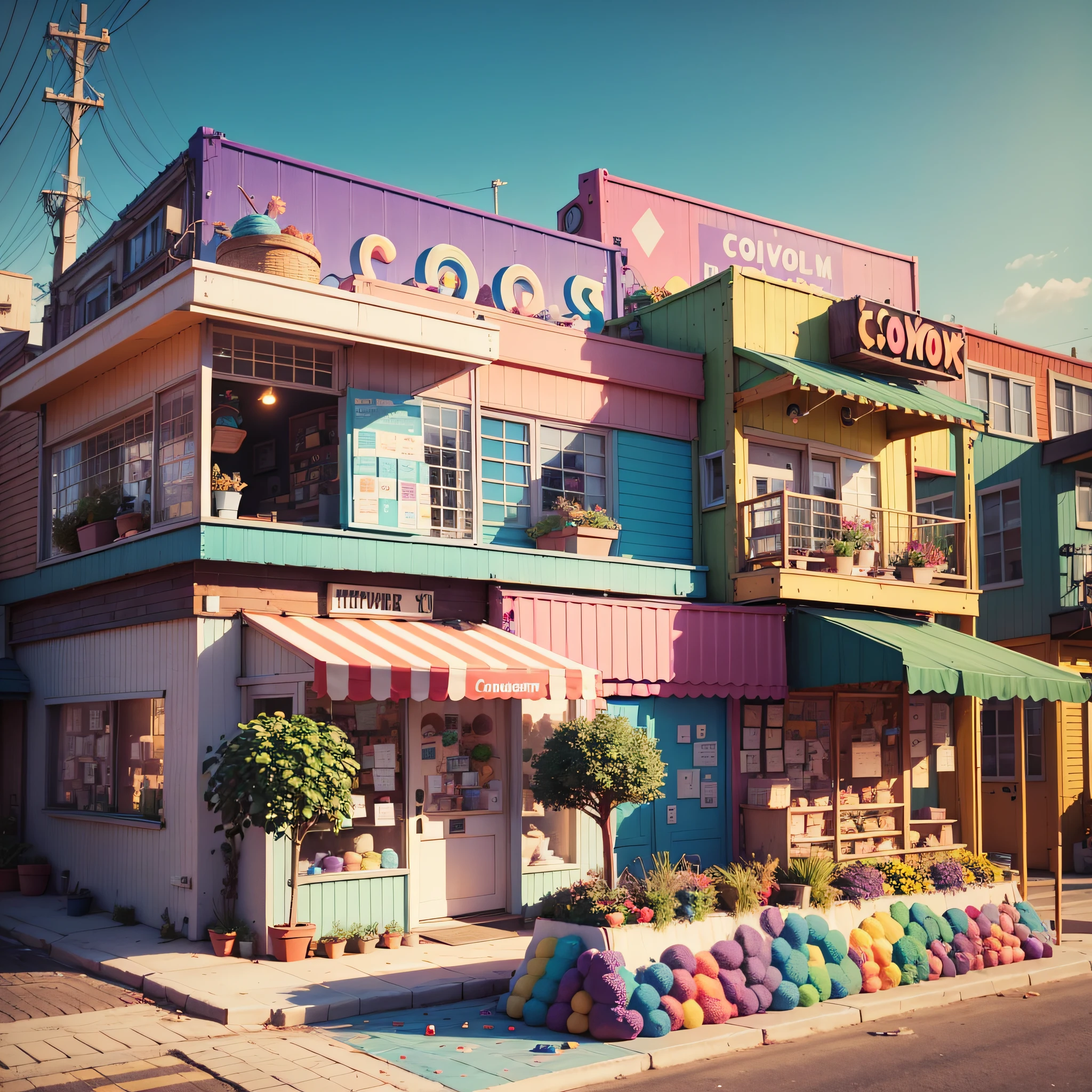 city made of donuts, rainbow streets, ice cream, candy colorful decorations, cream, chocolate walls, cookies, various dessert cartoon huts, bright colors, 3d rendering, blender rendering, 8k, movie lighting, super high resolution, game asset masterpiece, best quality, toon, pixar style, simple design, mini sense, animal crossing, 1building, 3d,  clean, eggplant and coral, --auto --v6 --s2