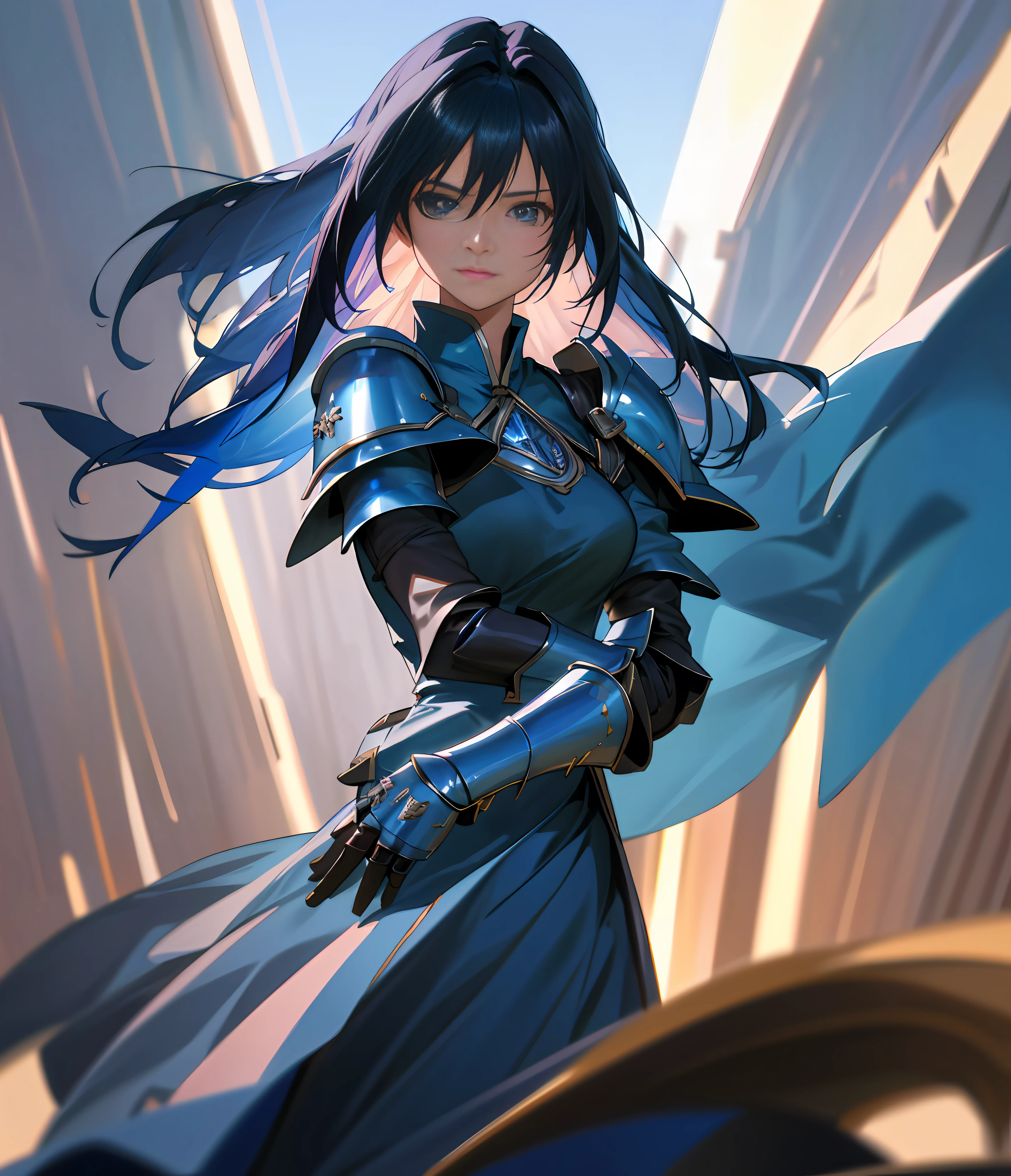rinoa, blue dress armor, full gauntlets, dark blue shoulder pads, dark fantasy, hair blowing in the wind, incomparable masterpiece, 8k uhd, perfect art, beautiful face, beautiful eyes, precise hands, dramatic lighting, ray tracing, symmetrical eyes